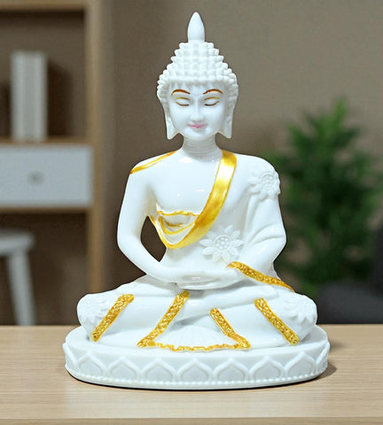 Sigaram 10.5 Inch White Marble Buddha Statue with Gold Plain Shalya For Home Decoretive Showpiece K4768