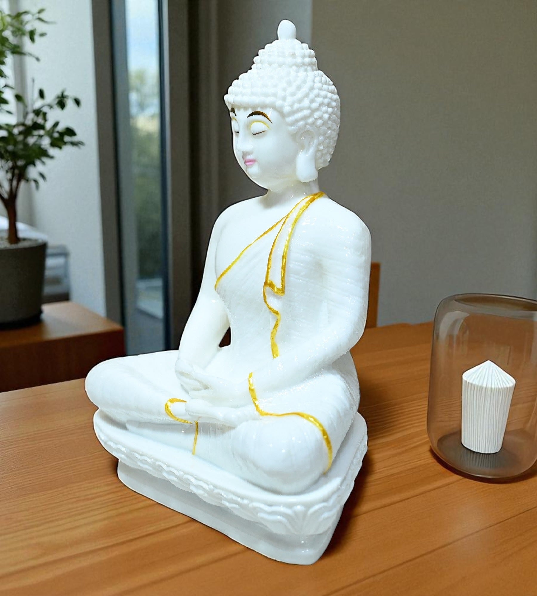Sigaram 10 Inch White Marble Buddha with White & Gold Shalya For Home Decoretive Showpiece K4769