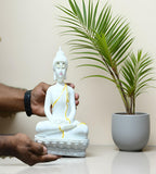 Sigaram 10 Inch White Marble Buddha with White & Gold Shalya For Home Decoretive Showpiece K4769