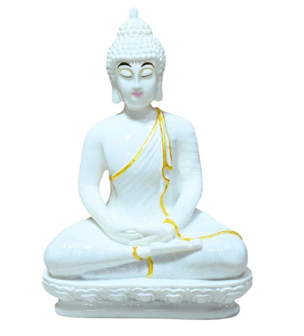 Sigaram 10 Inch White Marble Buddha with White & Gold Shalya For Home Decoretive Showpiece K4769