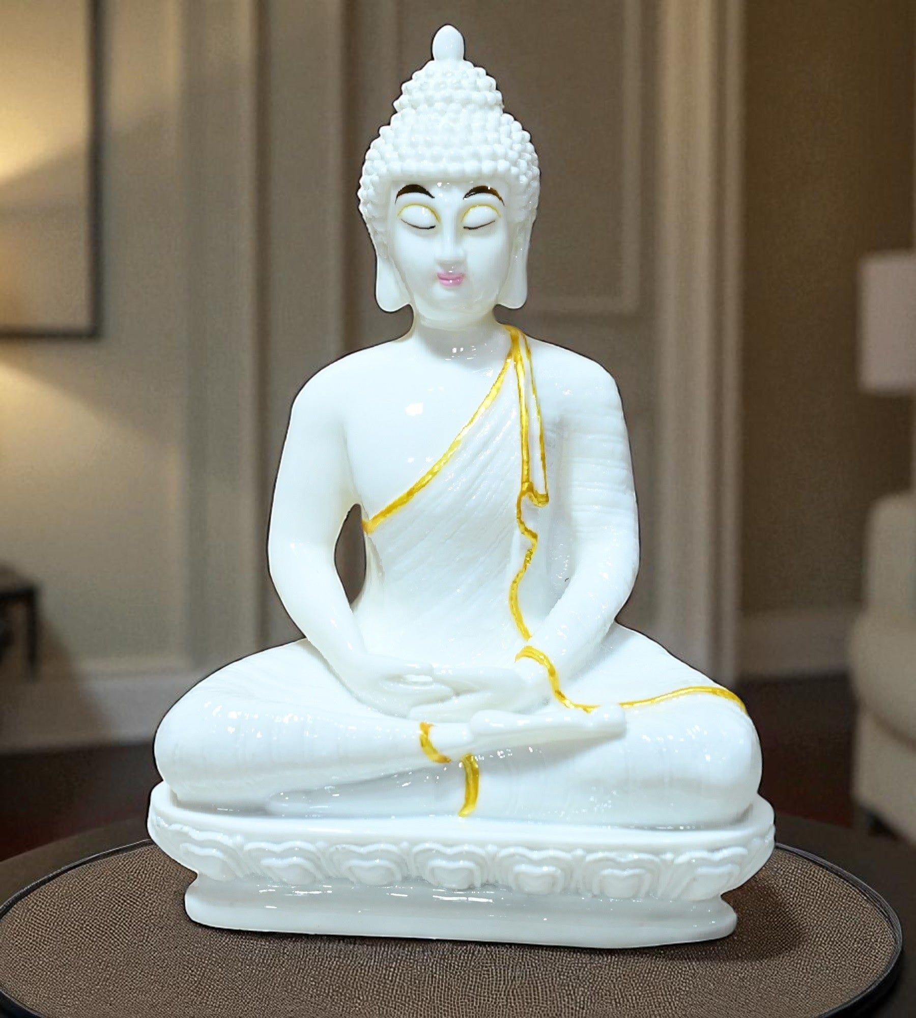 Sigaram 10 Inch White Marble Buddha with White & Gold Shalya For Home Decoretive Showpiece K4769