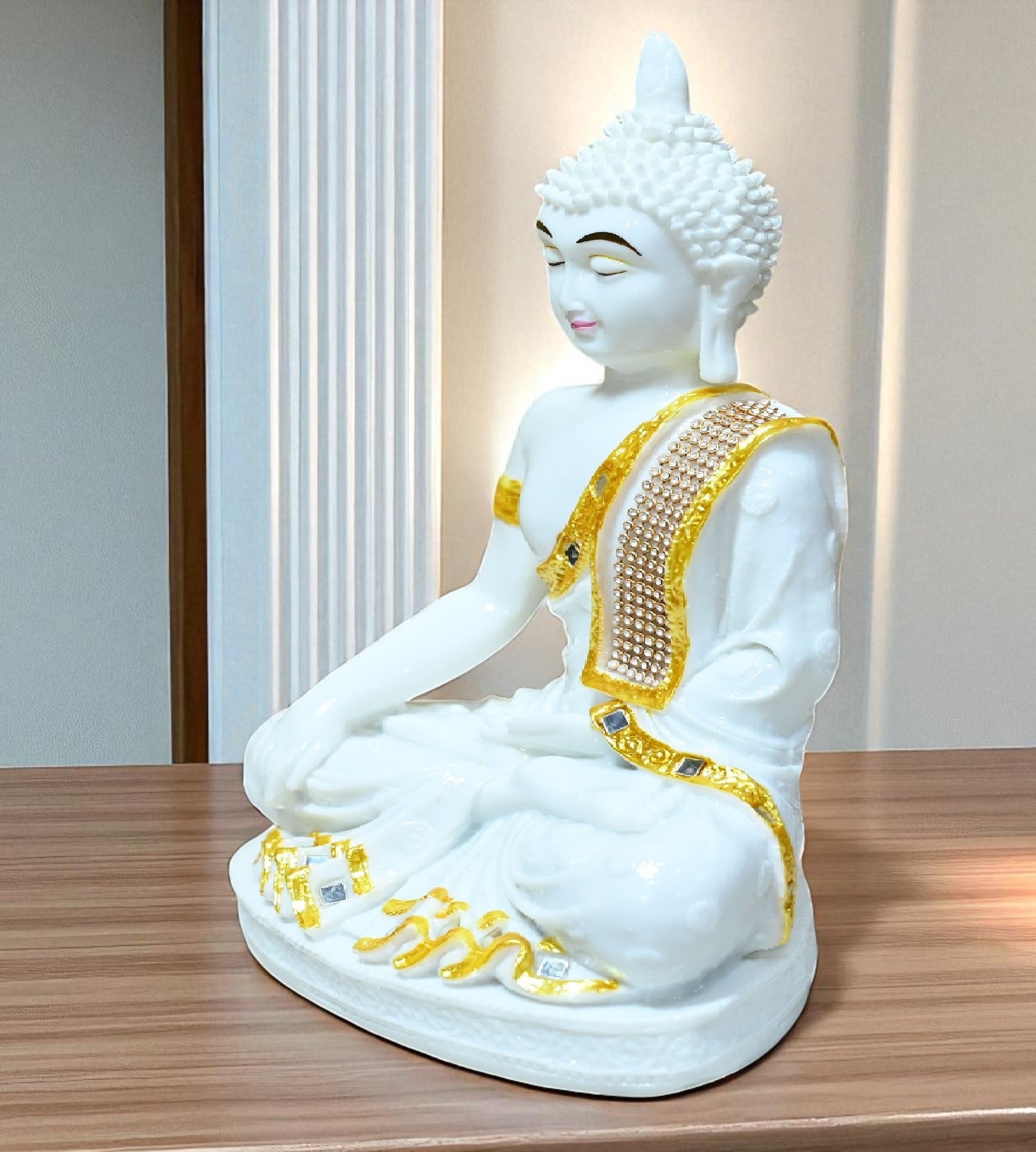 Sigaram 11 Inch White Marble Buddha Idol with Gold Stone Shalya For For Home Decoretive Showpiece K4770