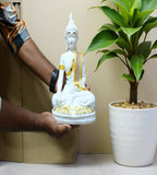 Sigaram 11 Inch White Marble Buddha Idol with Gold Stone Shalya For For Home Decoretive Showpiece K4770