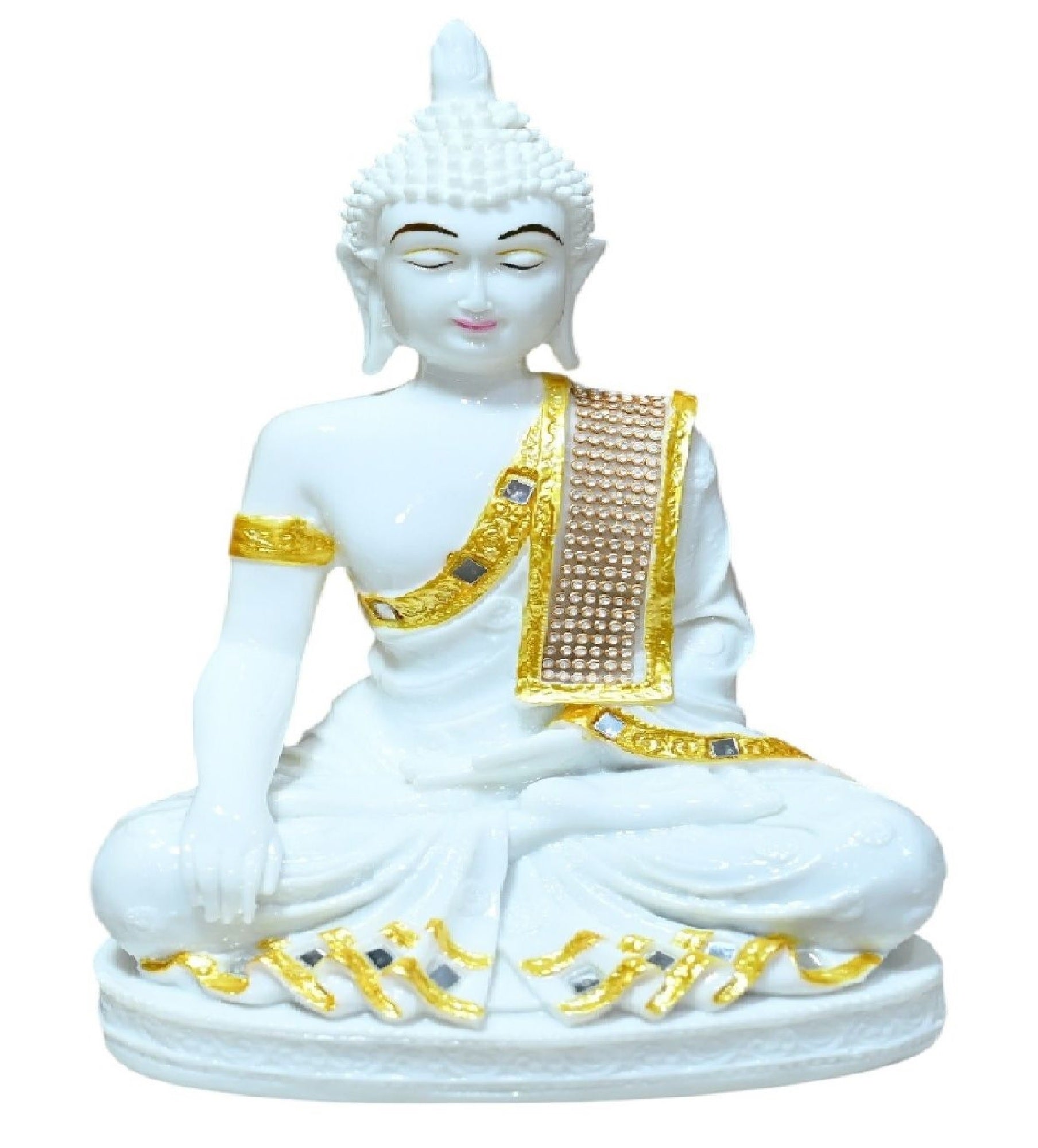 Sigaram 11 Inch White Marble Buddha Idol with Gold Stone Shalya For For Home Decoretive Showpiece K4770