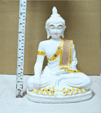 Sigaram 11 Inch White Marble Buddha Idol with Gold Stone Shalya For For Home Decoretive Showpiece K4770