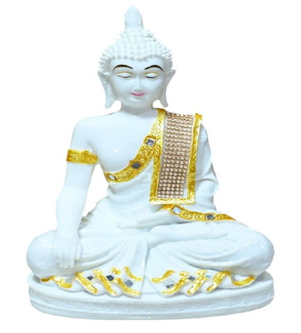 Sigaram 11 Inch White Marble Buddha Idol with Gold Stone Shalya For For Home Decoretive Showpiece K4770