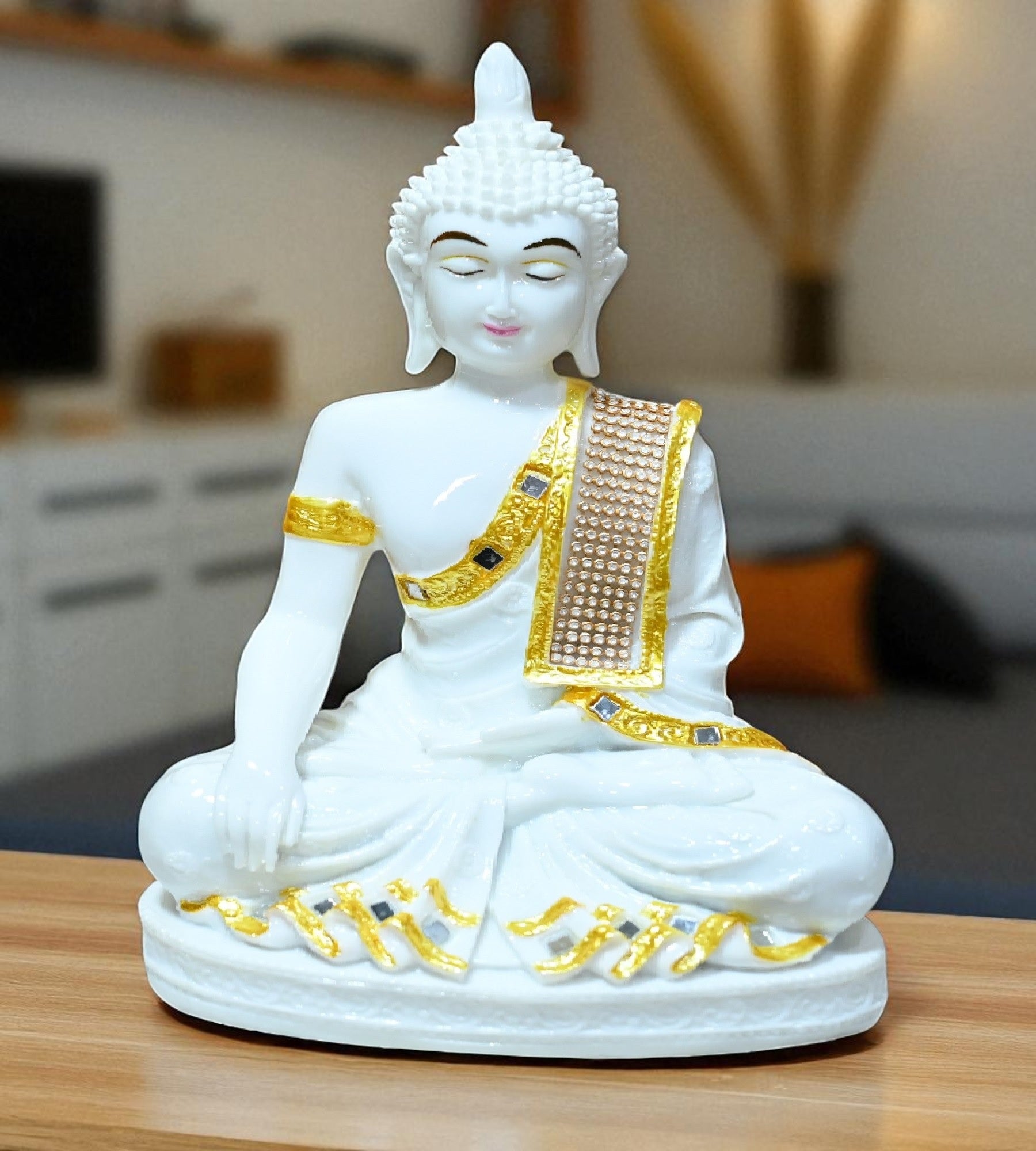 Sigaram 11 Inch White Marble Buddha Idol with Gold Stone Shalya For For Home Decoretive Showpiece K4770