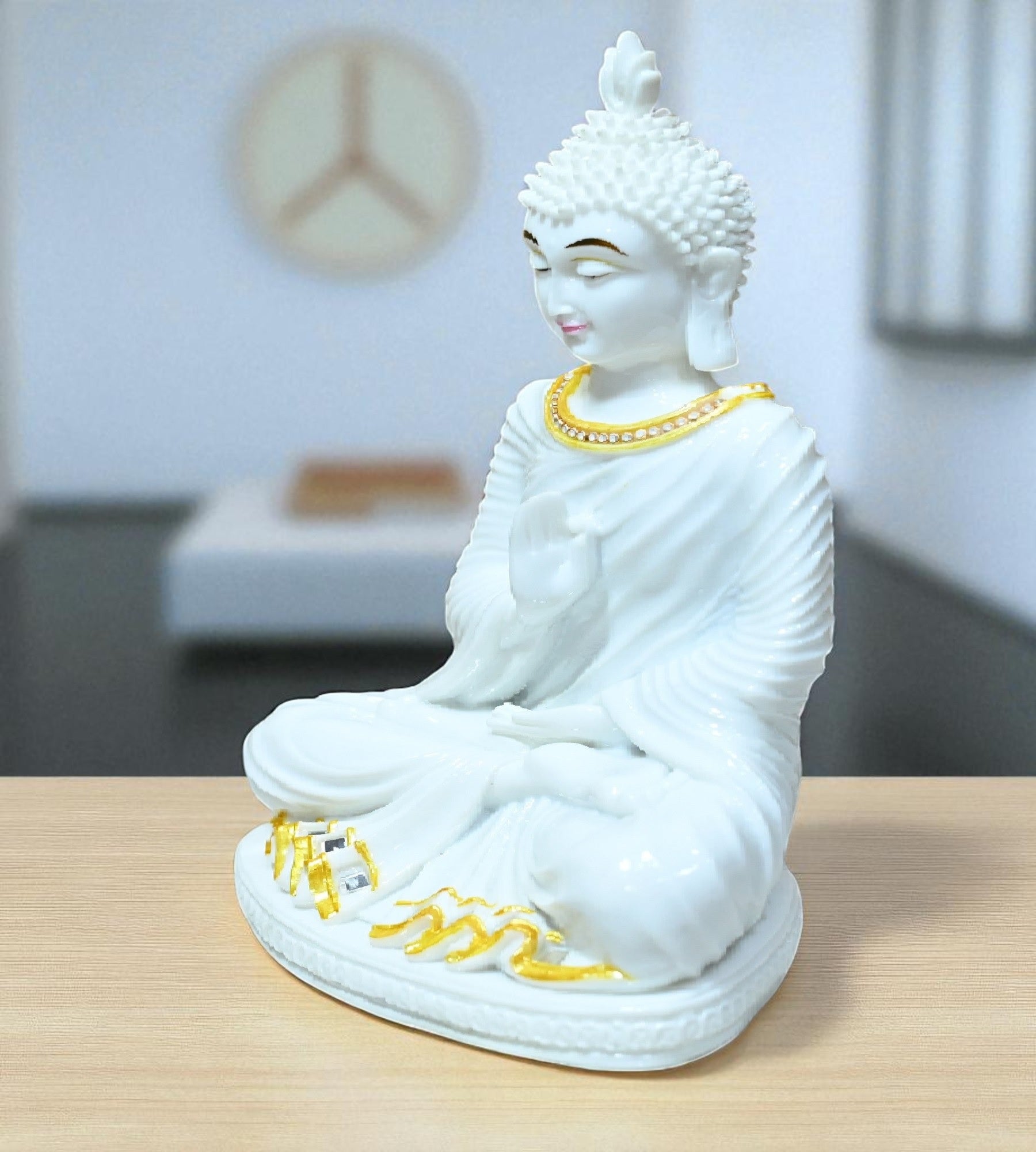 Sigaram 10 Inch White Marble Abhaya Hastha Meditating Buddha for Home Decor Idol Statue Figurine Murti Tibetan Buddhist Showpiece K4771