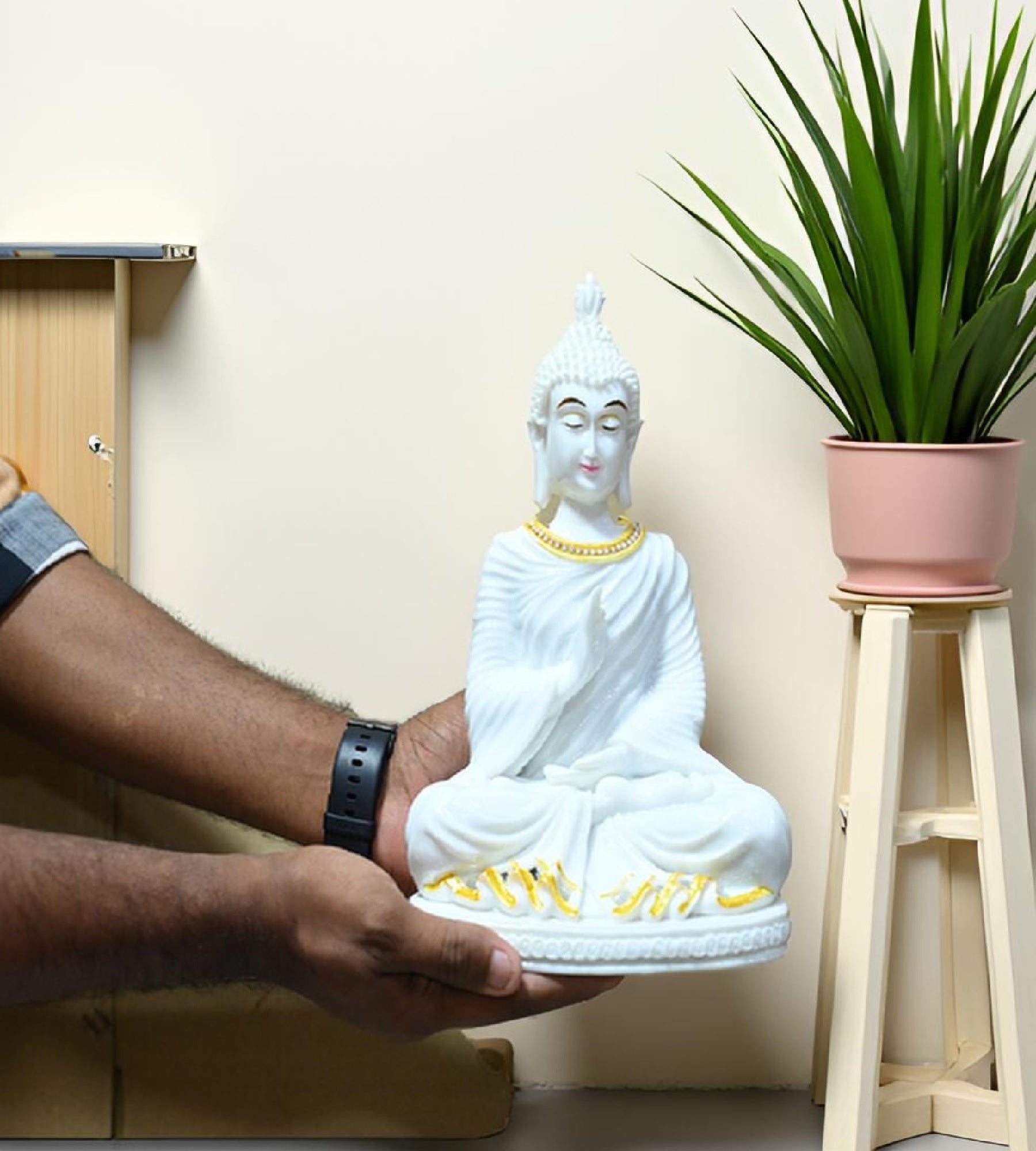 Sigaram 10 Inch White Marble Abhaya Hastha Meditating Buddha for Home Decor Idol Statue Figurine Murti Tibetan Buddhist Showpiece K4771