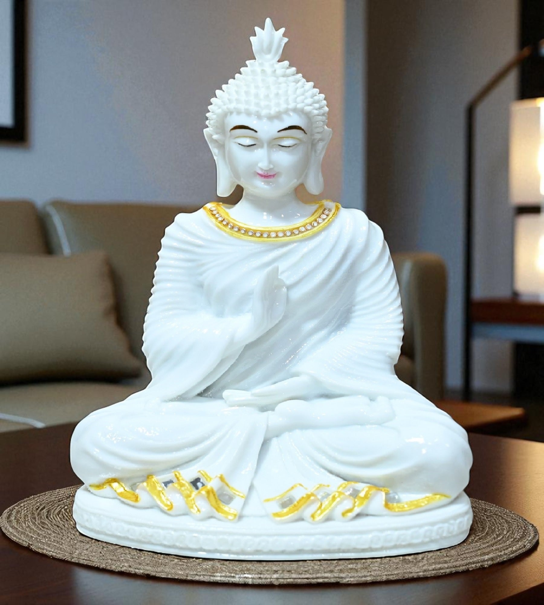 Sigaram 10 Inch White Marble Abhaya Hastha Meditating Buddha for Home Decor Idol Statue Figurine Murti Tibetan Buddhist Showpiece K4771