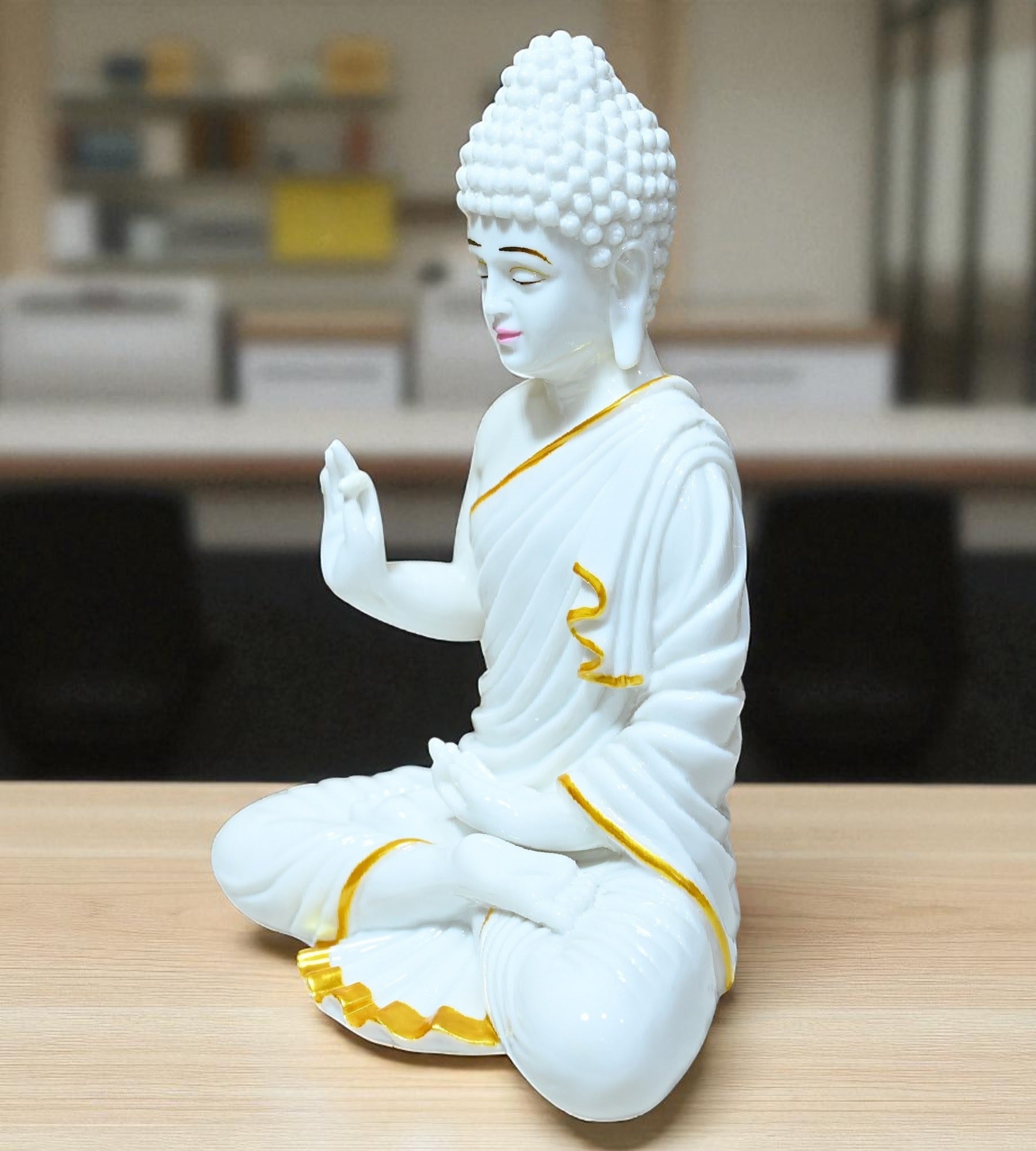 Sigaram 11 Inch White Marble Abhaya Hastha Meditating Buddha for Home Decor Idol Statue Figurine Murti Tibetan Buddhist Showpiece K4772