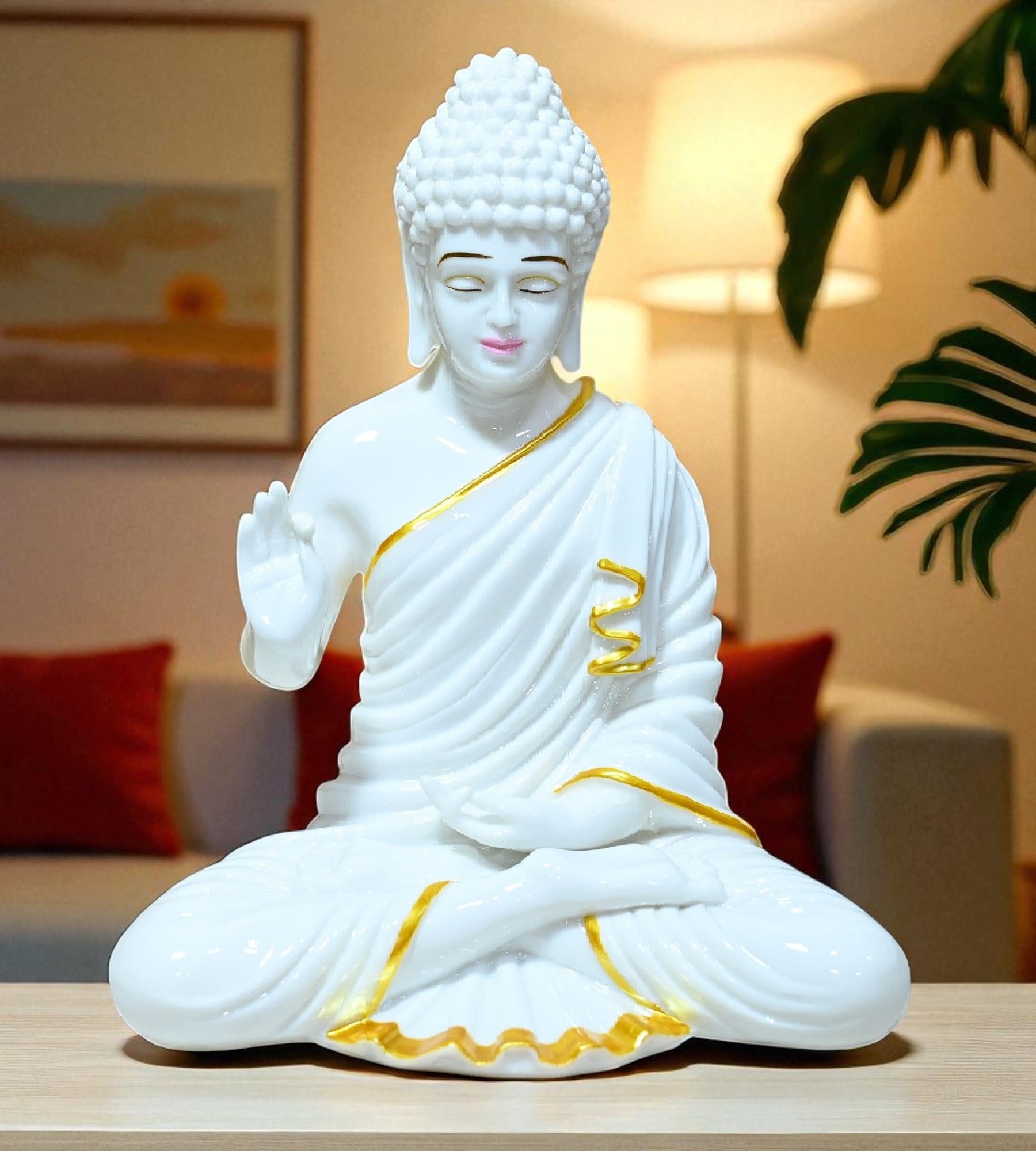 Sigaram 11 Inch White Marble Abhaya Hastha Meditating Buddha for Home Decor Idol Statue Figurine Murti Tibetan Buddhist Showpiece K4772