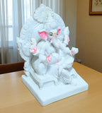 Sigaram 9.5 Inch White Marble  Lord Ganesha Vinayaka Vignesha Idol Sit On Simhasan For Home Decor Statue Figurine Murti Showpiece K4775