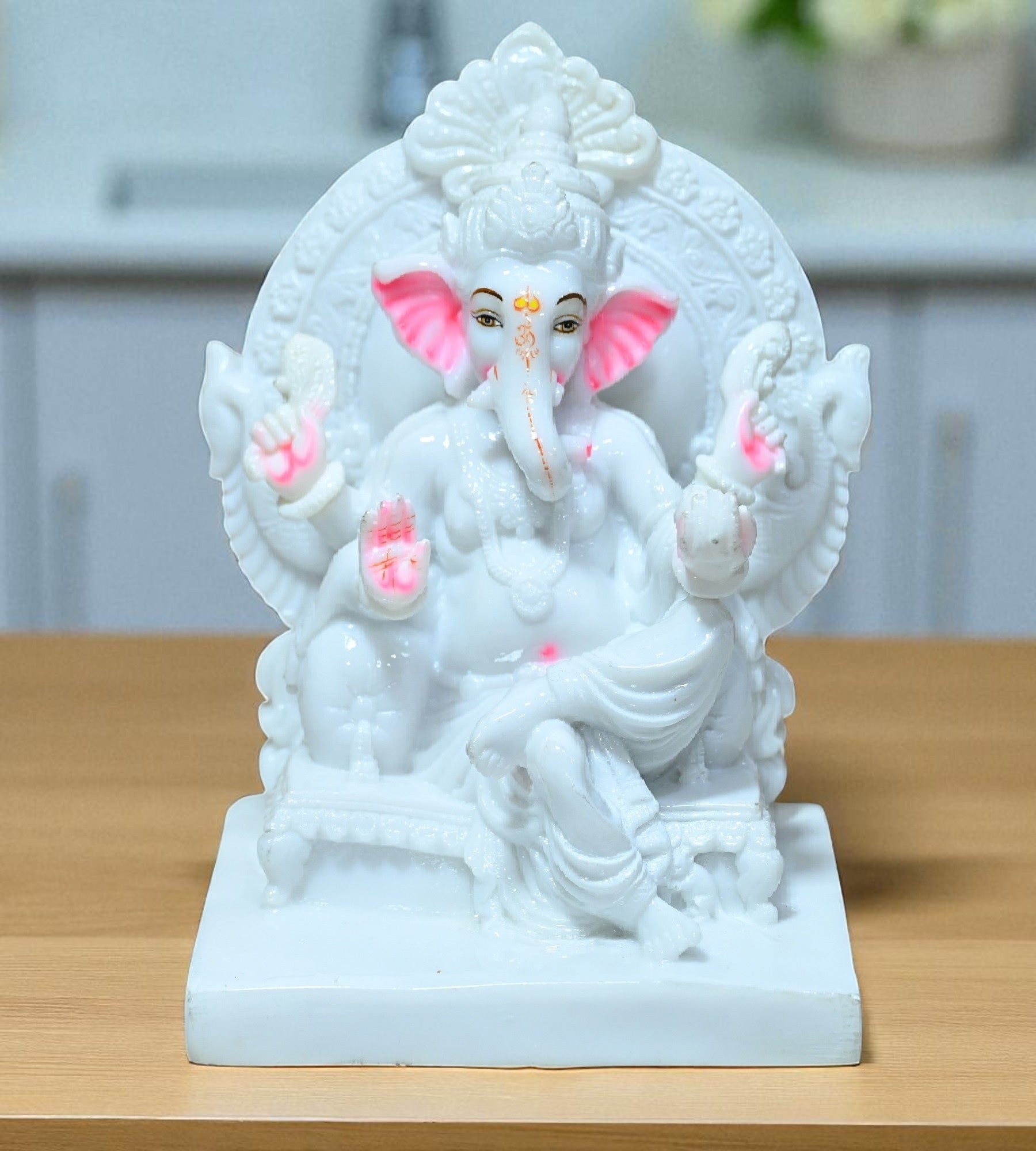 Sigaram 9.5 Inch White Marble  Lord Ganesha Vinayaka Vignesha Idol Sit On Simhasan For Home Decor Statue Figurine Murti Showpiece K4775