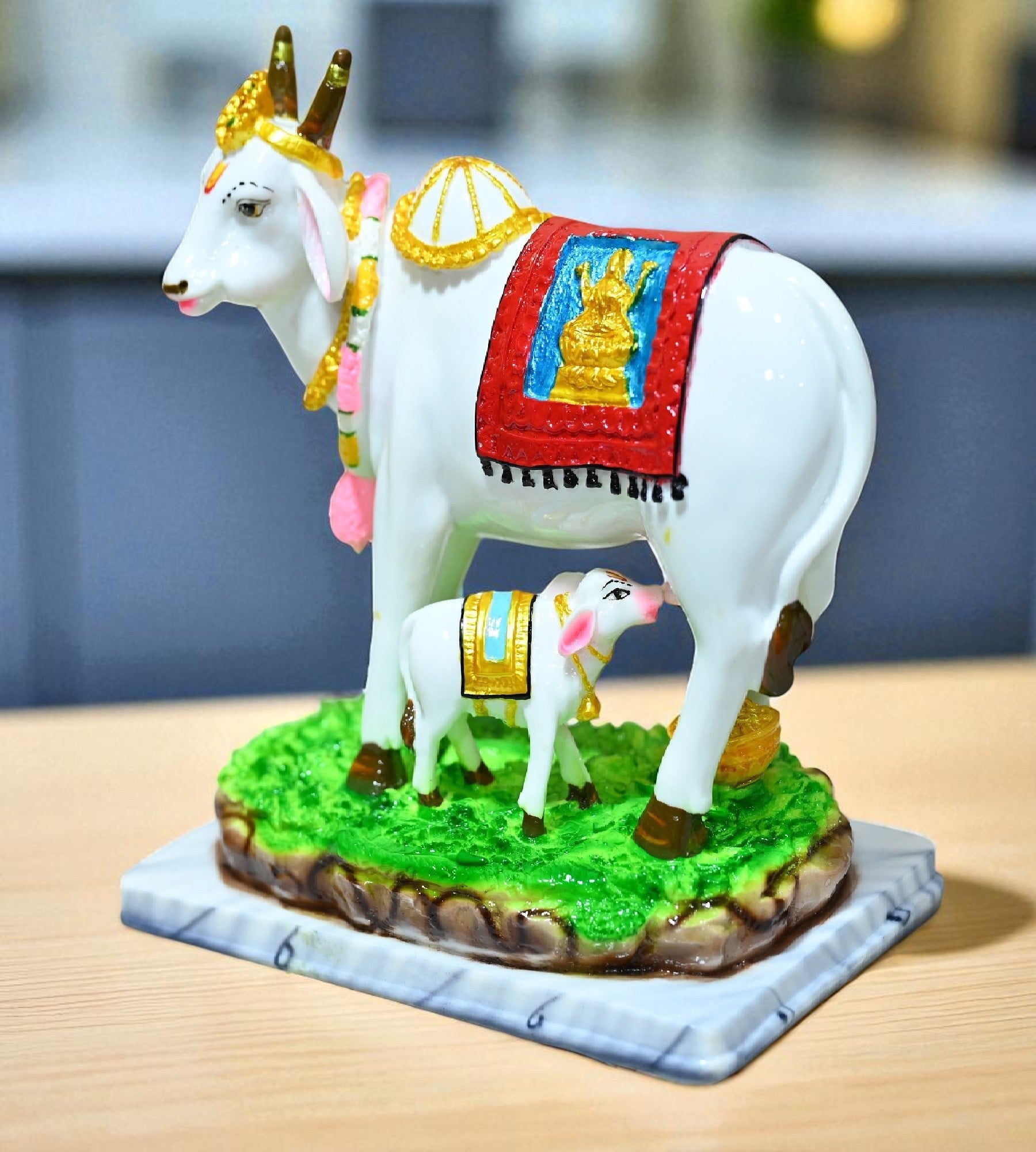 Sigaram 7 Inch Multi-Color Marble Lakshmi Kamadhenu Idol For Home Decoretive Showpiece K4785