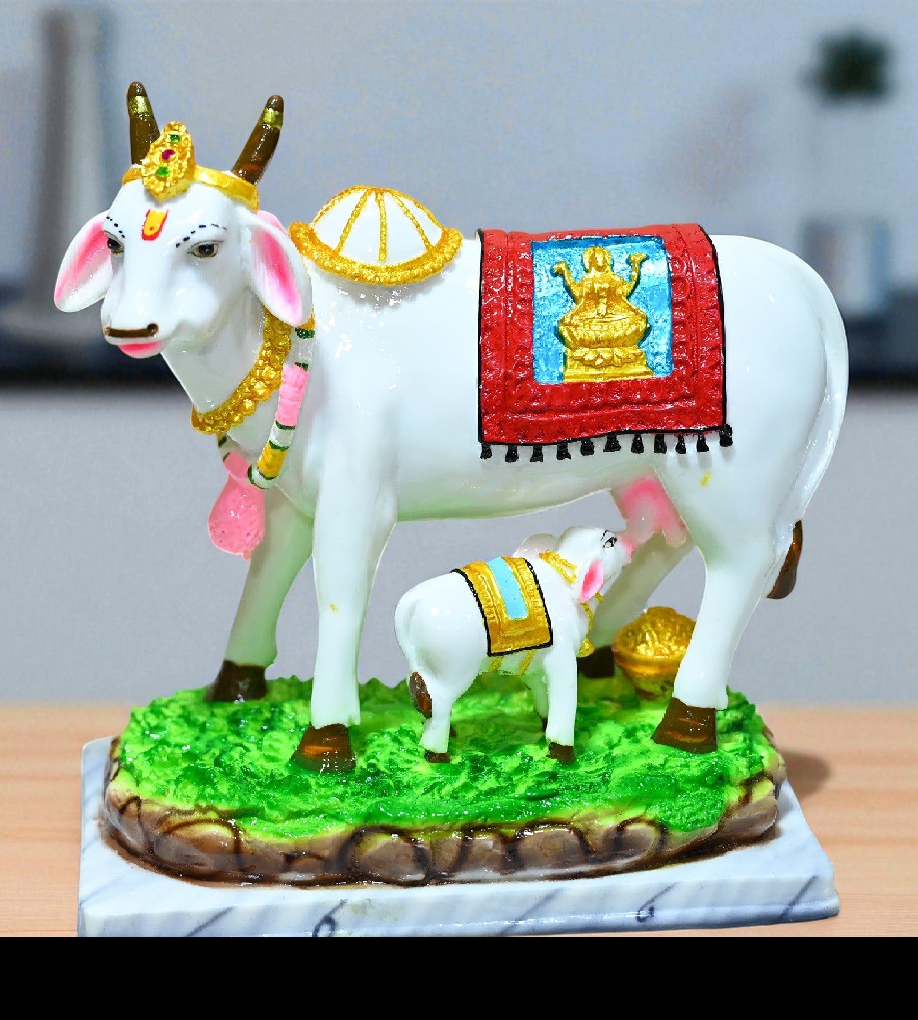 Sigaram 7 Inch Multi-Color Marble Lakshmi Kamadhenu Idol For Home Decoretive Showpiece K4785