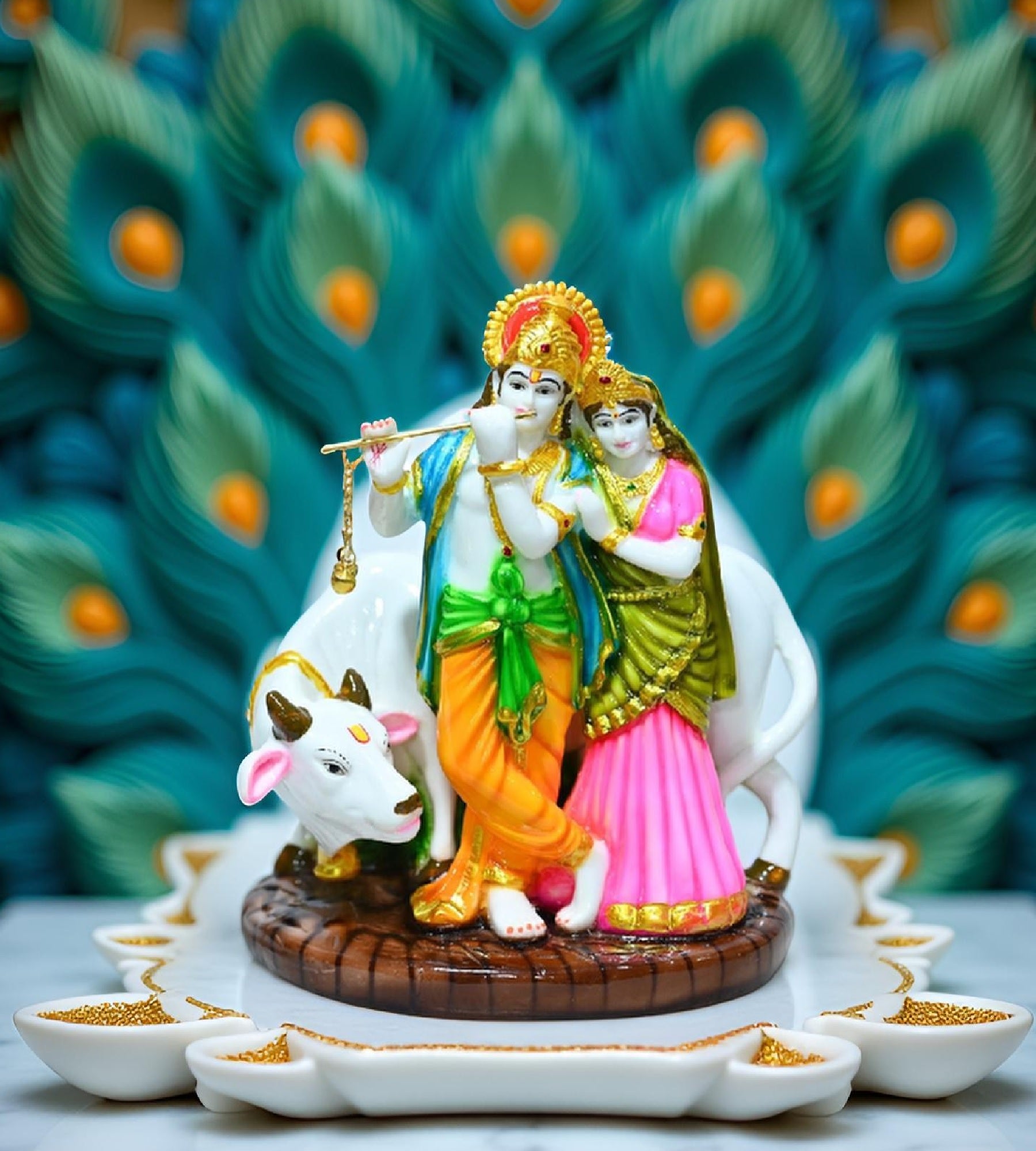 Sigaram 8.5 Inch Multi-Color Radha Krishna with Kamadenu Idol For Home Decoretive Showpiece K4790