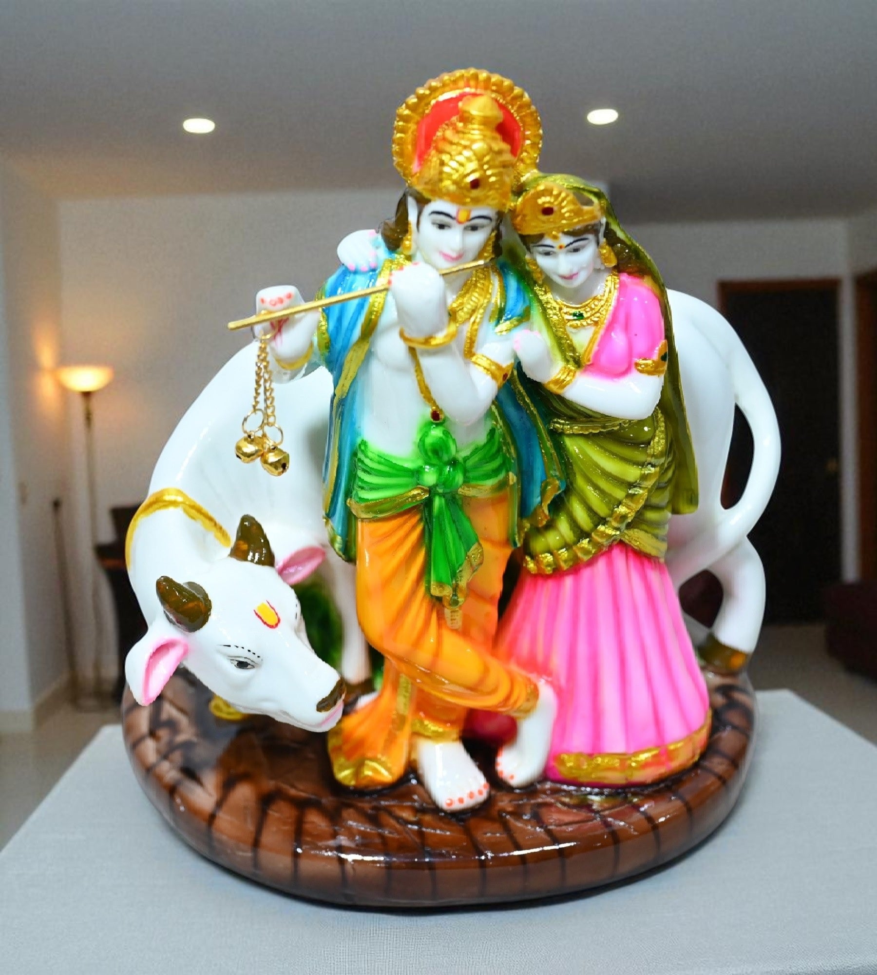 Sigaram 8.5 Inch Multi-Color Radha Krishna with Kamadenu Idol For Home Decoretive Showpiece K4790