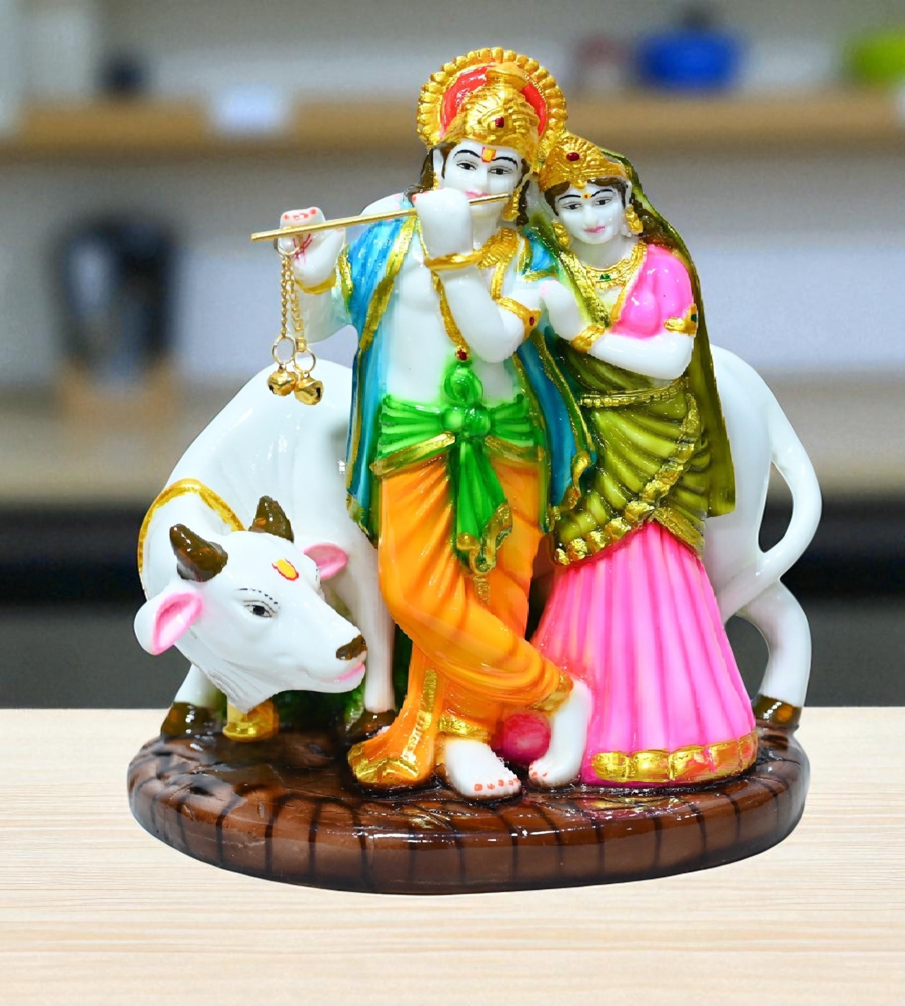 Sigaram 8.5 Inch Multi-Color Radha Krishna with Kamadenu Idol For Home Decoretive Showpiece K4790