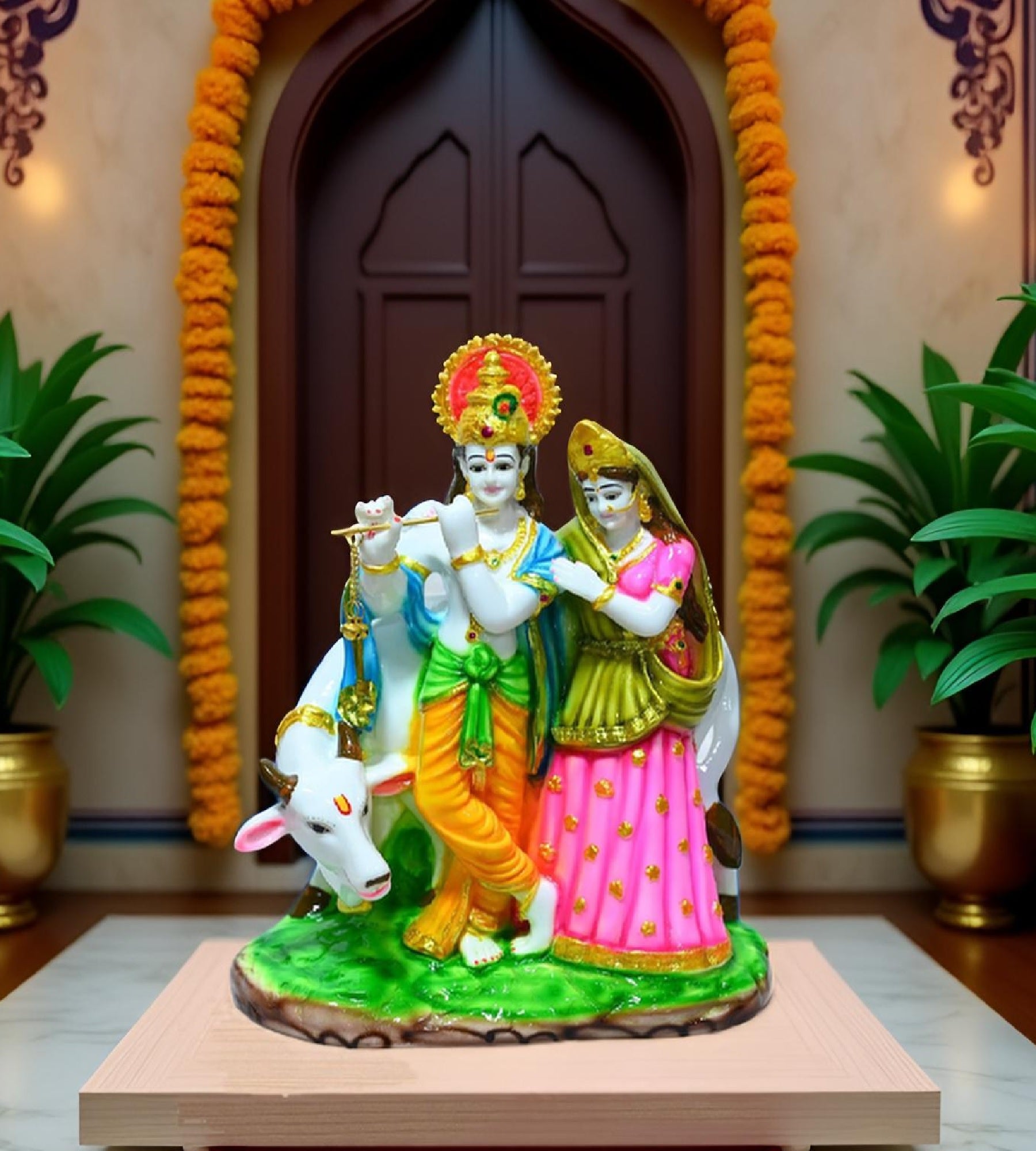 Sigaram 11 Inch Multi-Color Radha Krishna with Kamadenu Idol For Home Decor Statue Figurine Murti Showpiece K4791