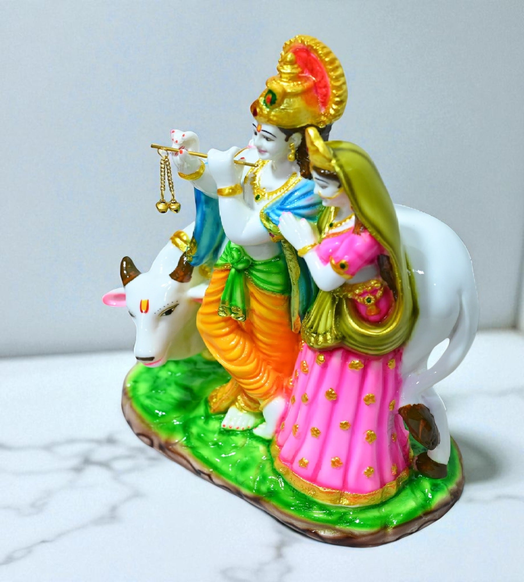 Sigaram 11 Inch Multi-Color Radha Krishna with Kamadenu Idol For Home Decor Statue Figurine Murti Showpiece K4791