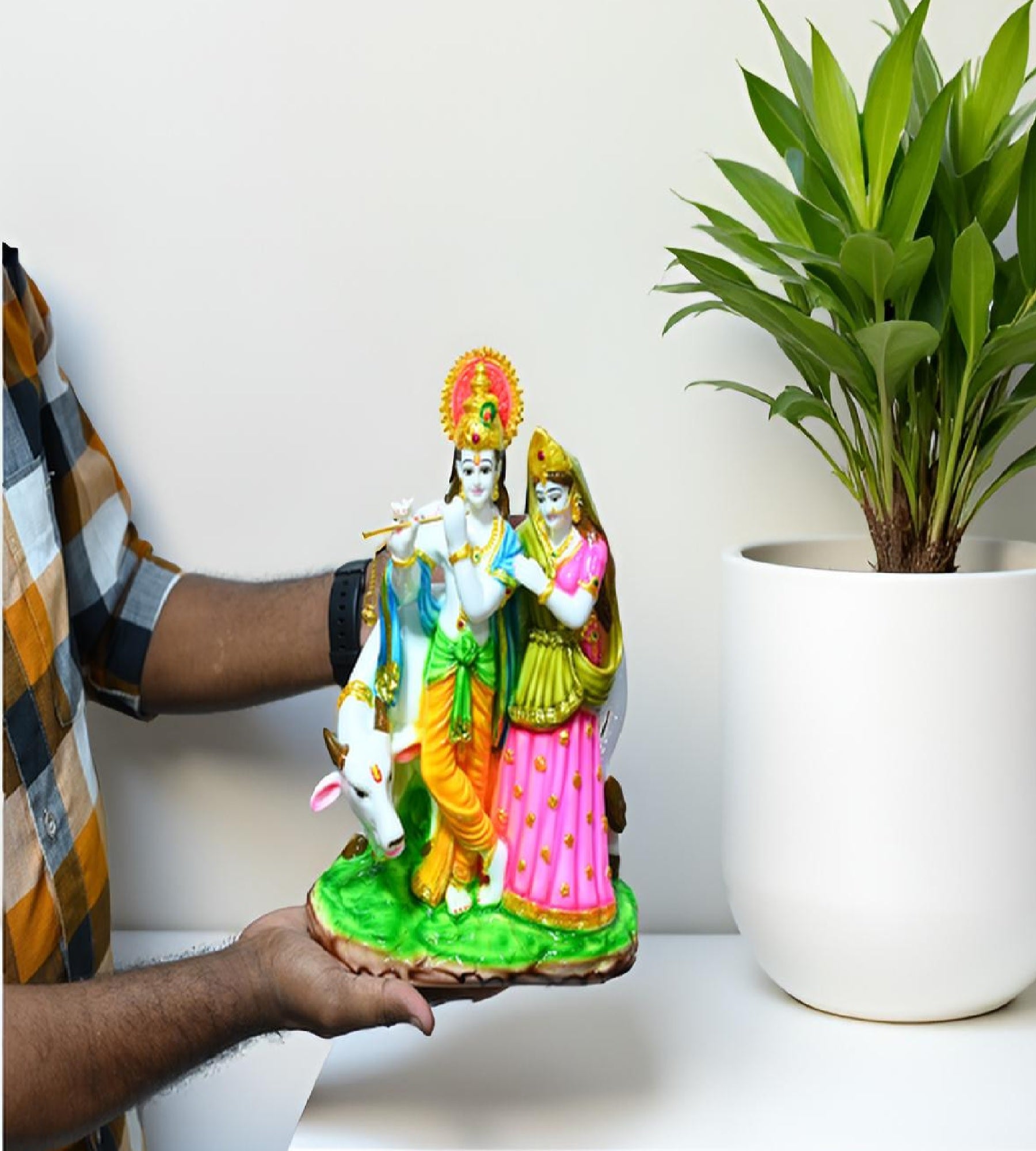 Sigaram 11 Inch Multi-Color Radha Krishna with Kamadenu Idol For Home Decor Statue Figurine Murti Showpiece K4791