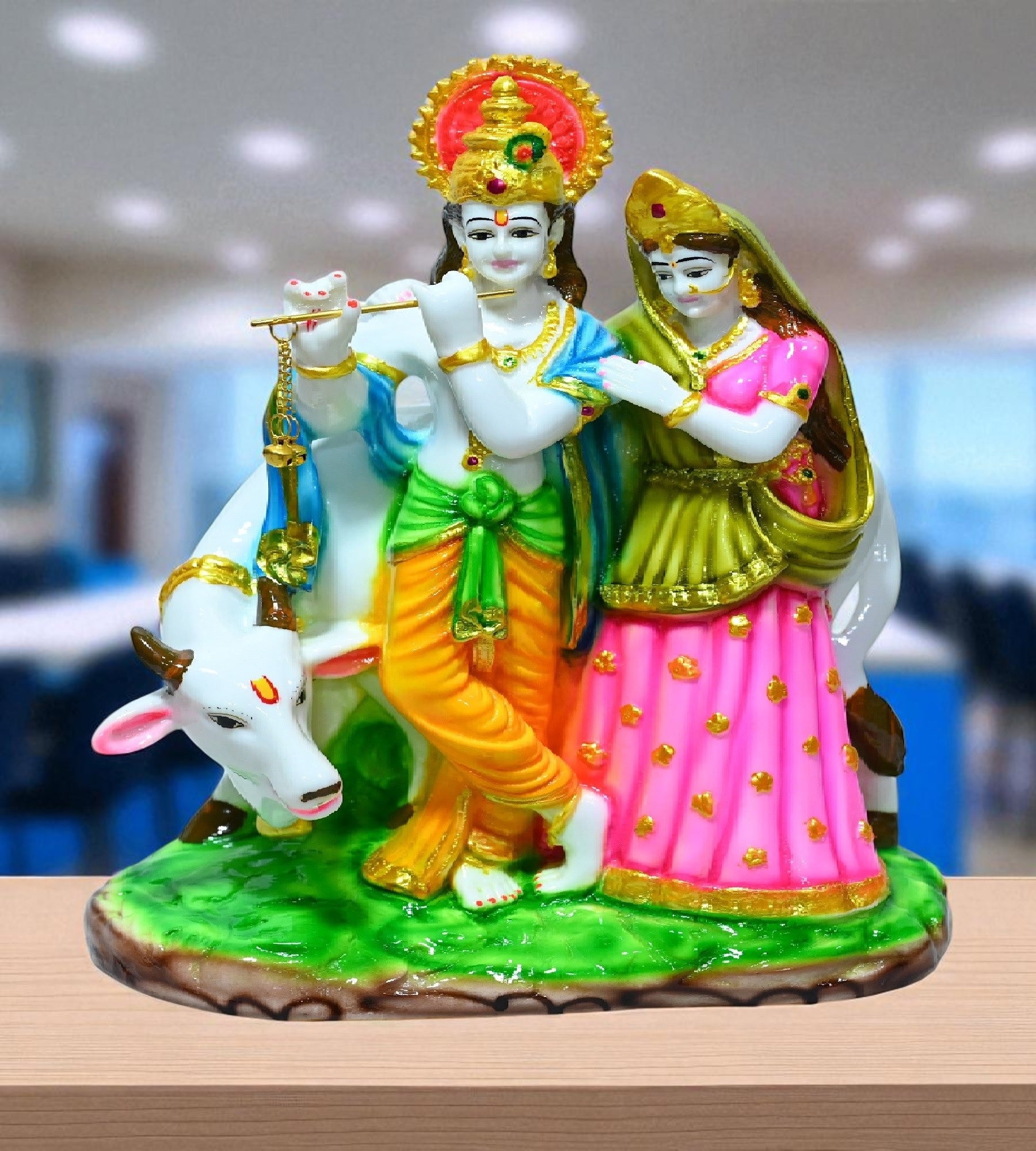 Sigaram 11 Inch Multi-Color Radha Krishna with Kamadenu Idol For Home Decor Statue Figurine Murti Showpiece K4791