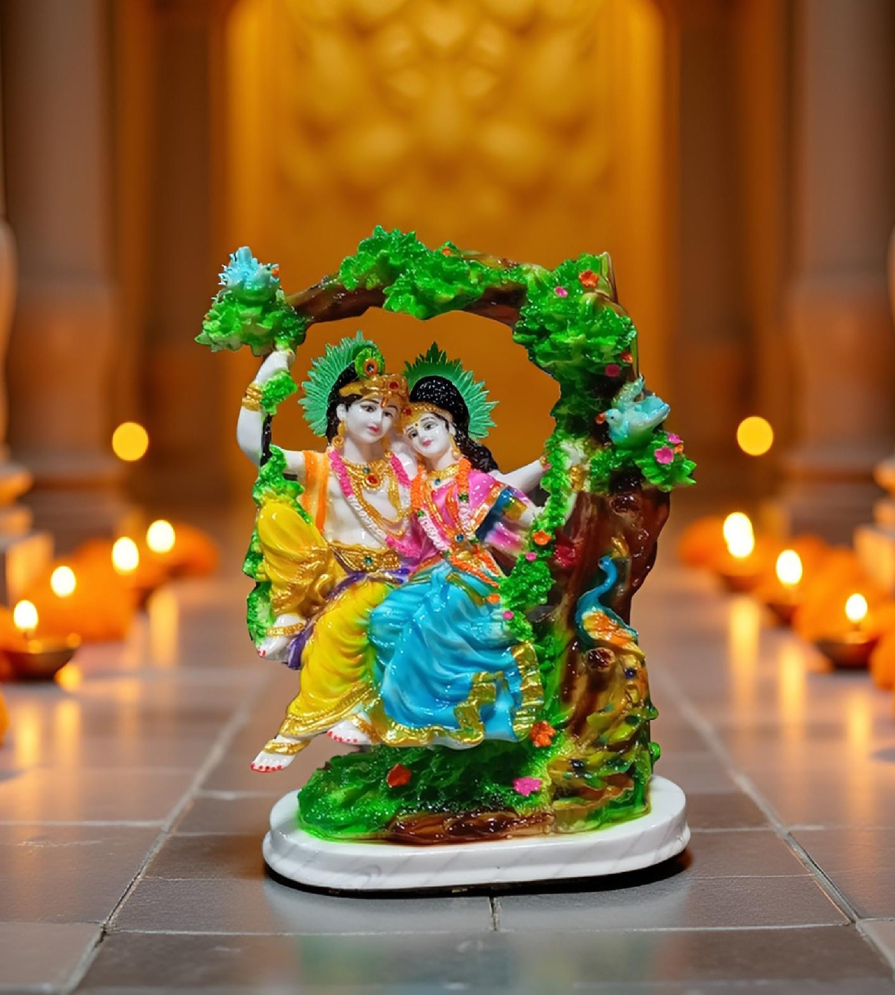 Sigaram 11 Inch Multi-Color Marble Radha Krishna Sitting with Jhula For Home Decoretive Showpiece K4793