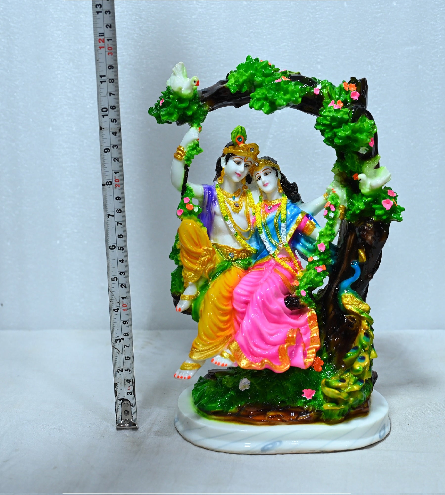 Sigaram 11 Inch Multi-Color Marble Radha Krishna Sitting with Jhula For Home Decoretive Showpiece K4793