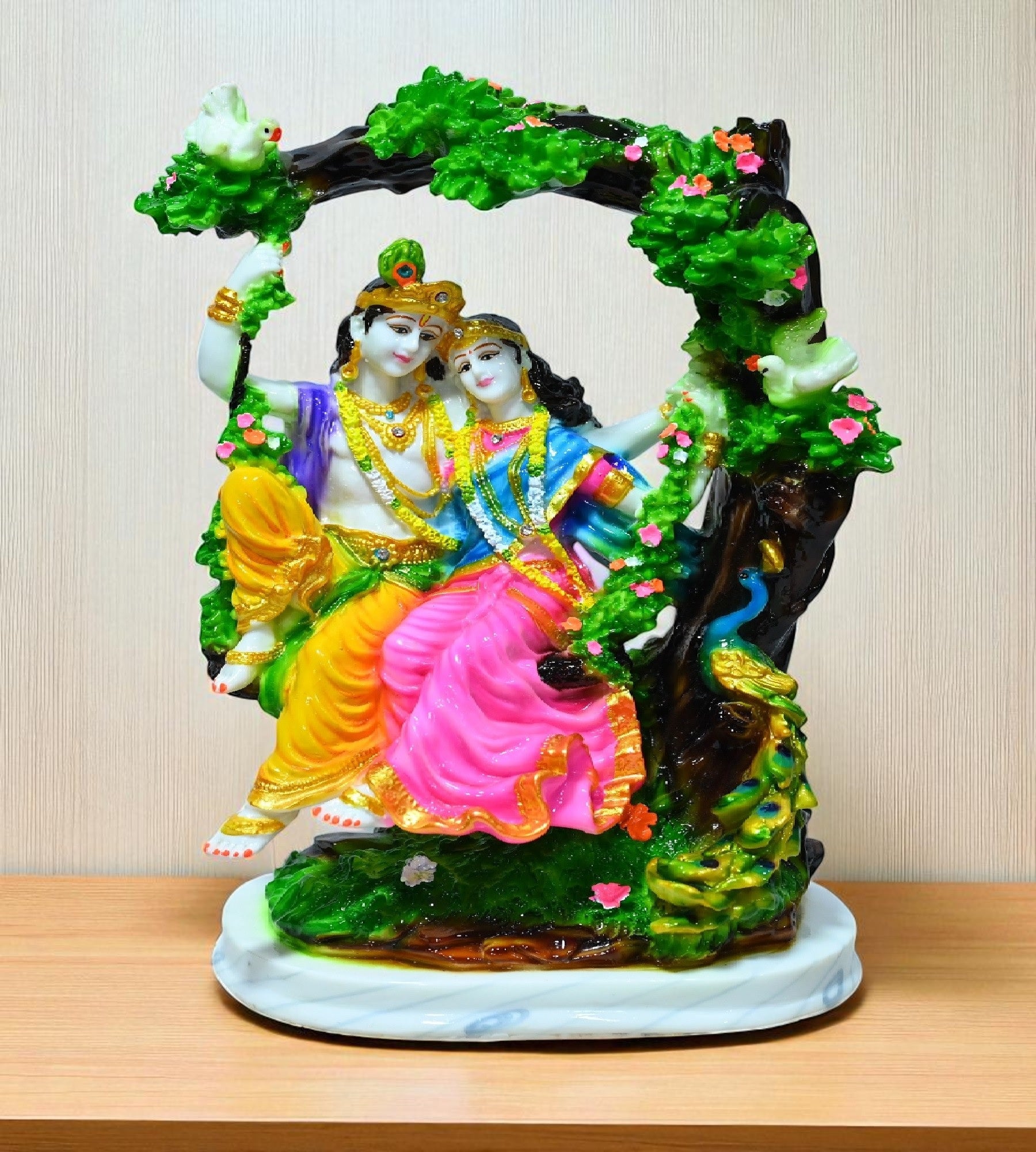 Sigaram 11 Inch Multi-Color Marble Radha Krishna Sitting with Jhula For Home Decoretive Showpiece K4793
