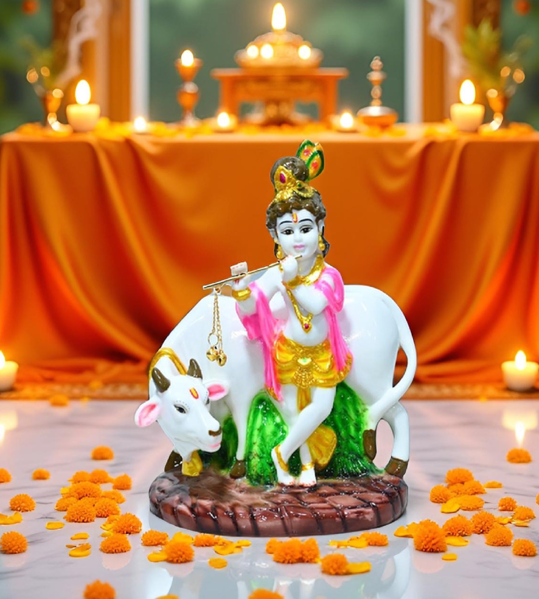 Sigaram 8.5 Inch Multi-Color Bala Krishna with Kamadhenu Idol For Home Decoretive Showpiece K4794