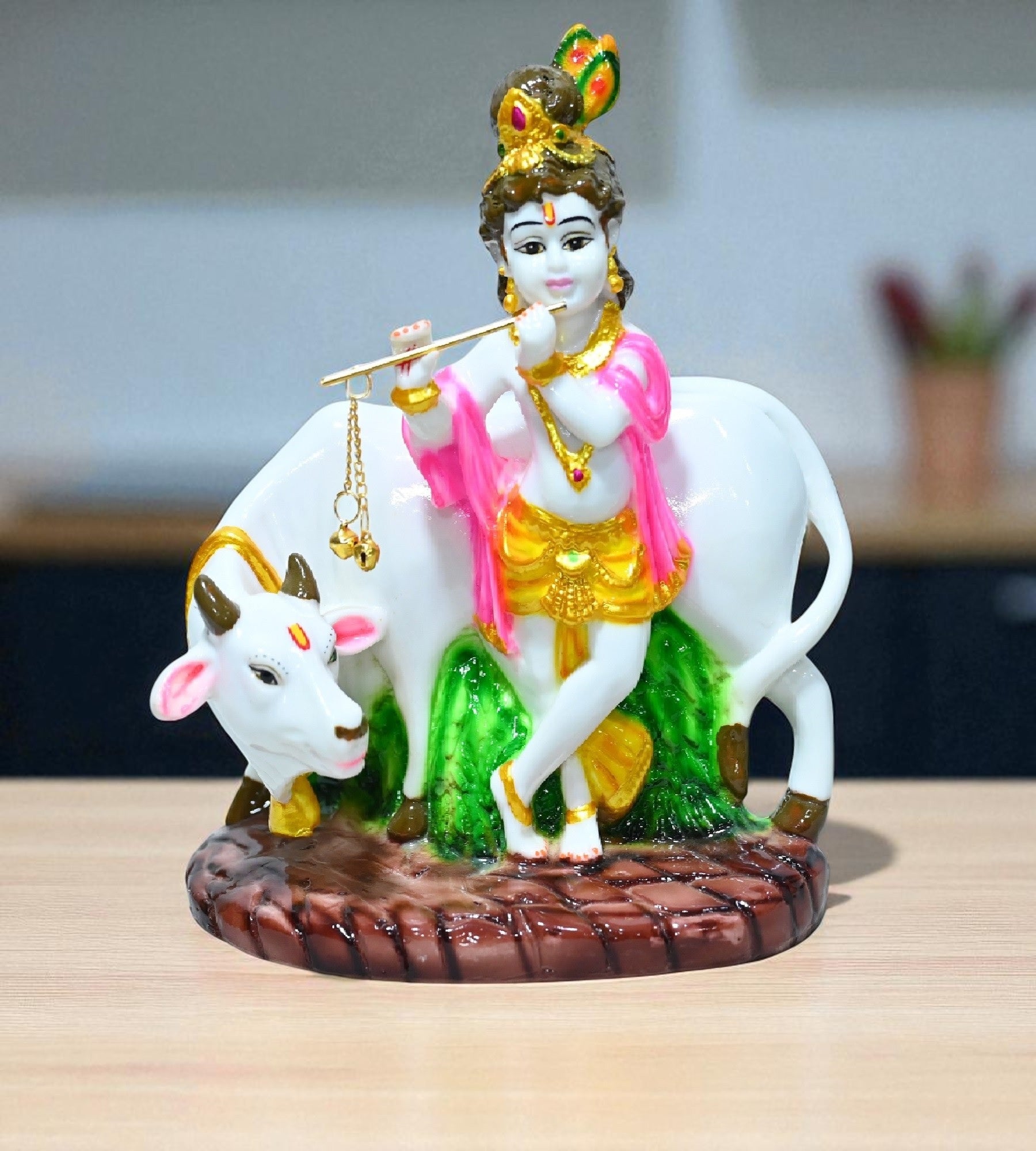 Sigaram 8.5 Inch Multi-Color Bala Krishna with Kamadhenu Idol For Home Decoretive Showpiece K4794