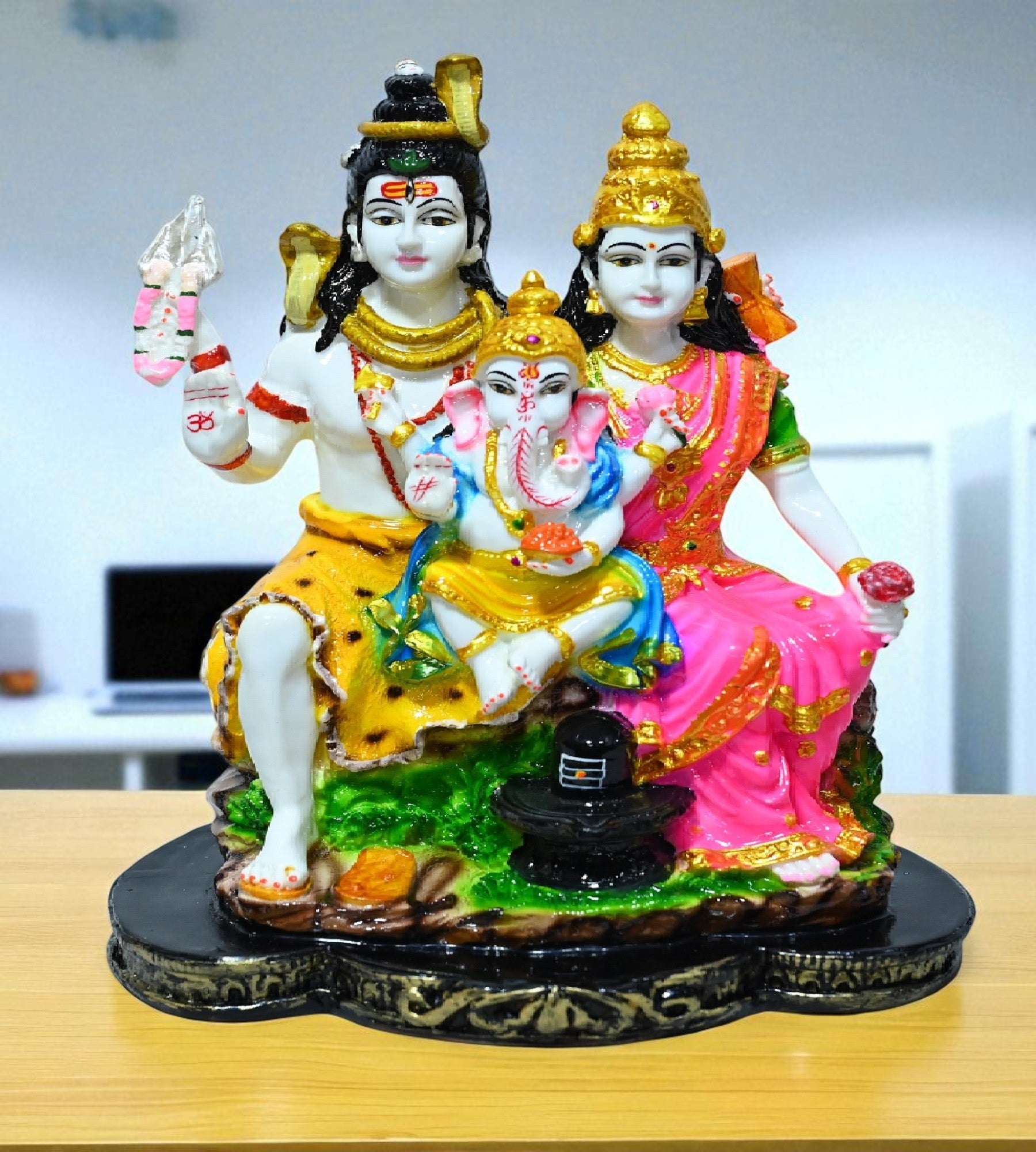 Sigaram 10 Inch Multi-Color Marble Shiva Family Idol For Home Decoretive Showpiece K4799
