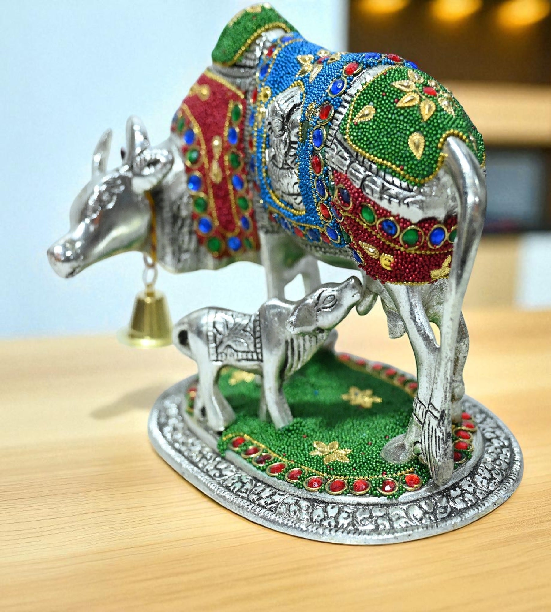 Sigaram 6 Inch Silver Color Metal Kamadhenu Idol for Home Decorative Showpiece K4807