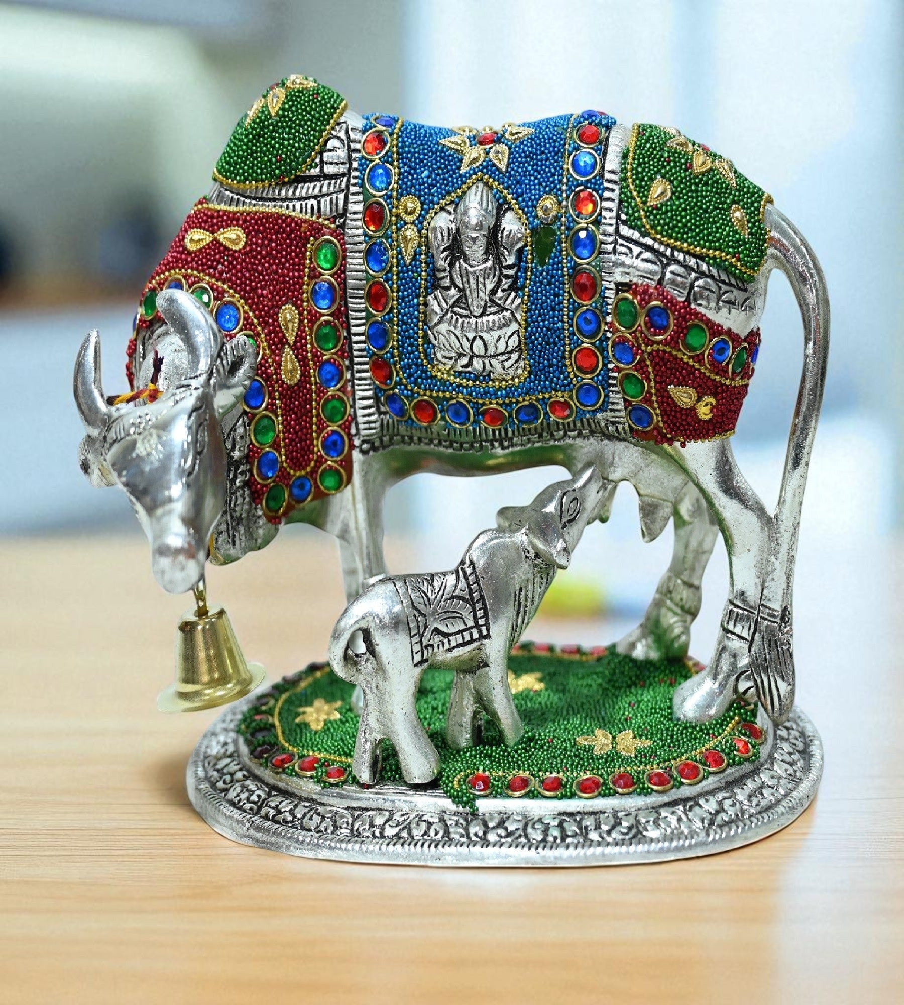 Sigaram 6 Inch Silver Color Metal Kamadhenu Idol for Home Decorative Showpiece K4807