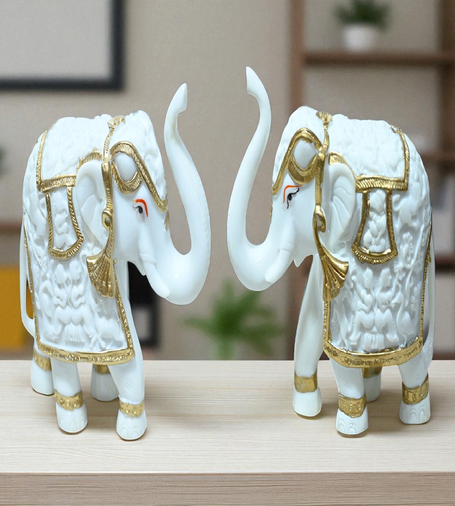 Sigaram 6 Inch White Marble Elephant with Gold Cloth For Home Decoretive Showpiece K4822