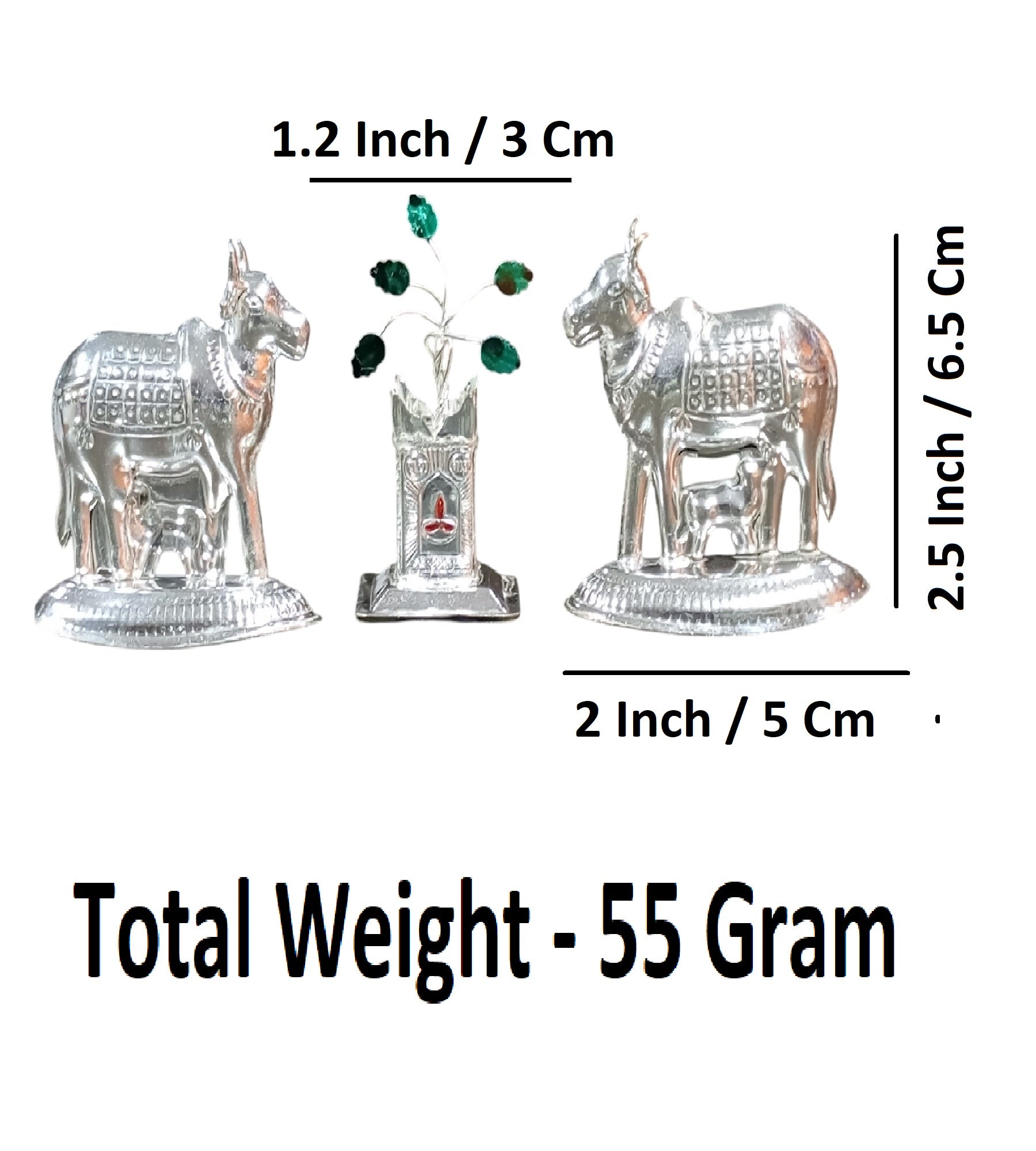 Sigaram Silver Plated 2.5 Inch Kamadhenu and Tulsi Plant Idol Set for Home Temple and Pooja Décor K4834