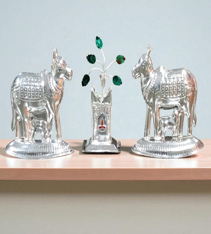 Sigaram Silver Plated 2.5 Inch Kamadhenu and Tulsi Plant Idol Set for Home Temple and Pooja Décor K4834