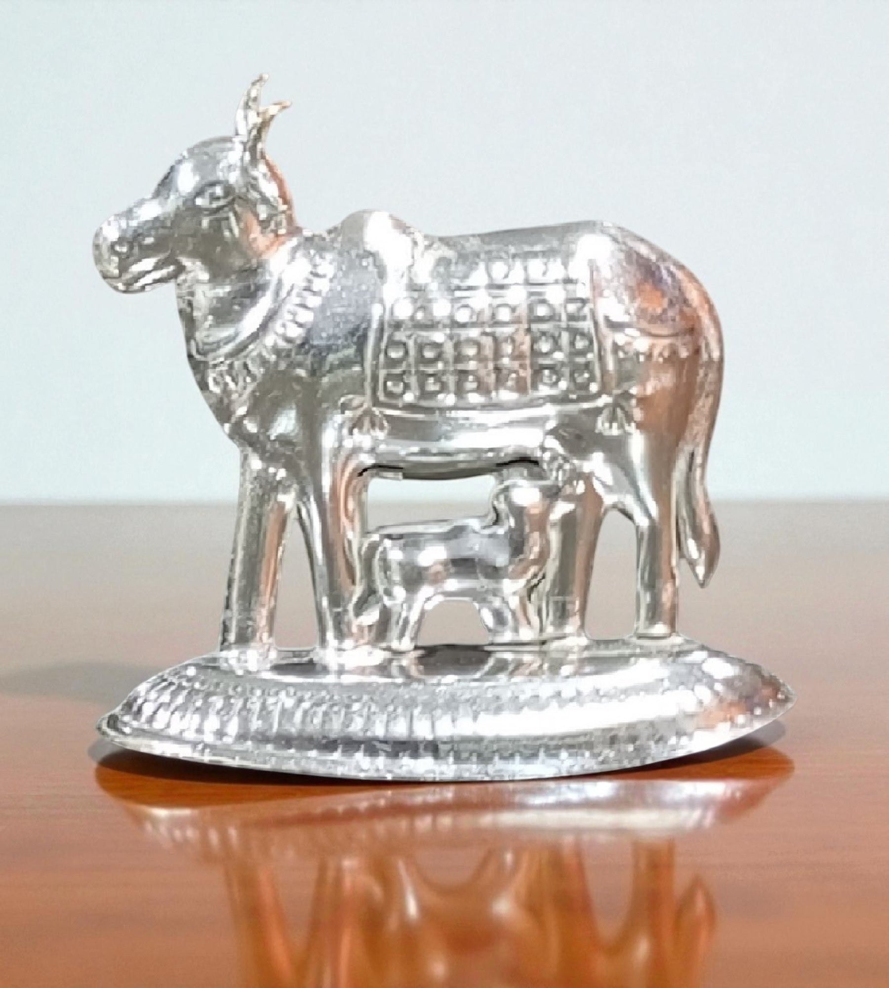 Sigaram 2.5 Inch Silver Plated Kamadhenu Idol with Calf for Home Pooja Temple Decor K4835
