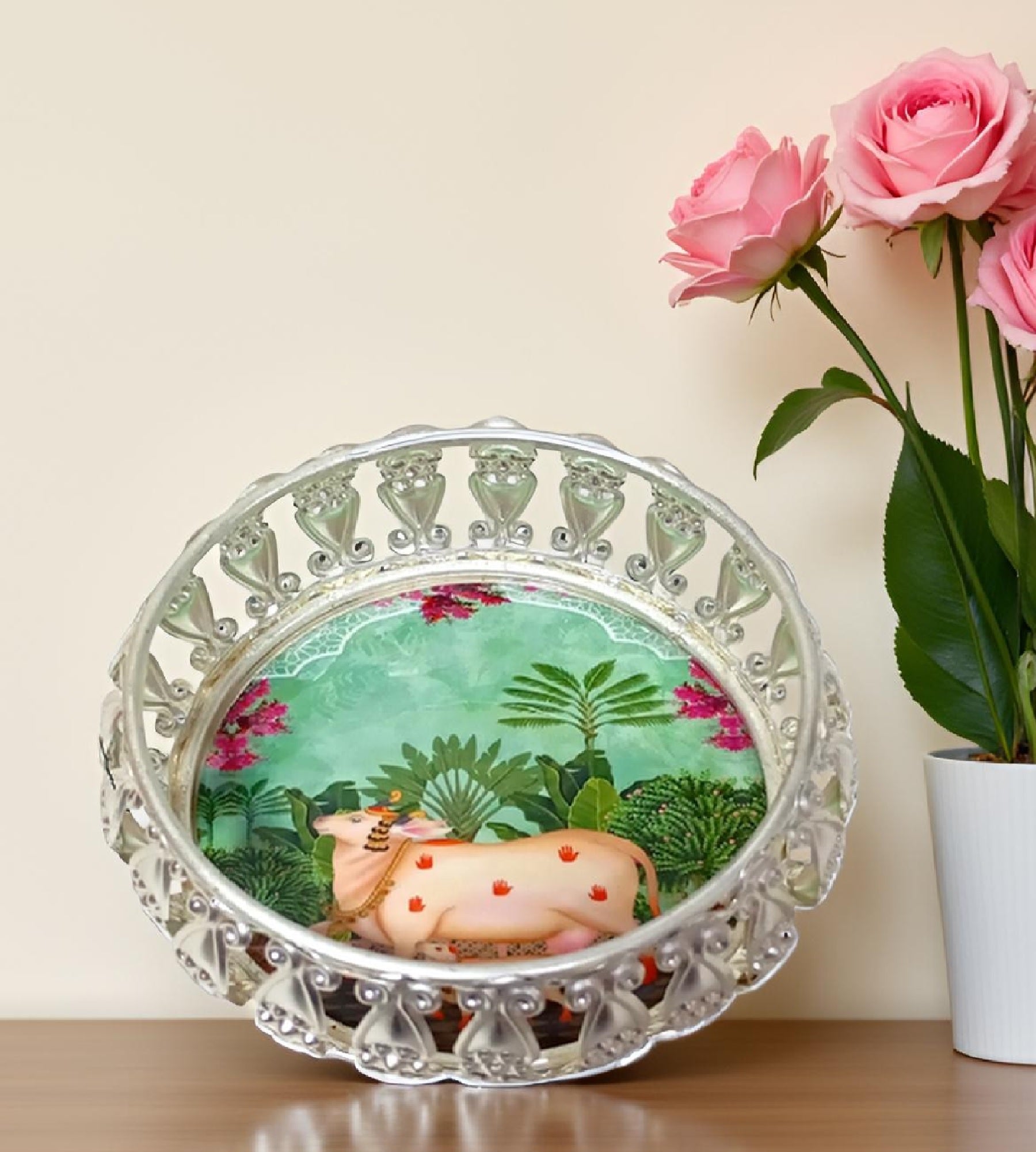 Sigaram 4 Inch Silver Plated Cow Wedding Tray For Home Wedding & Festive Ceremonies K4849