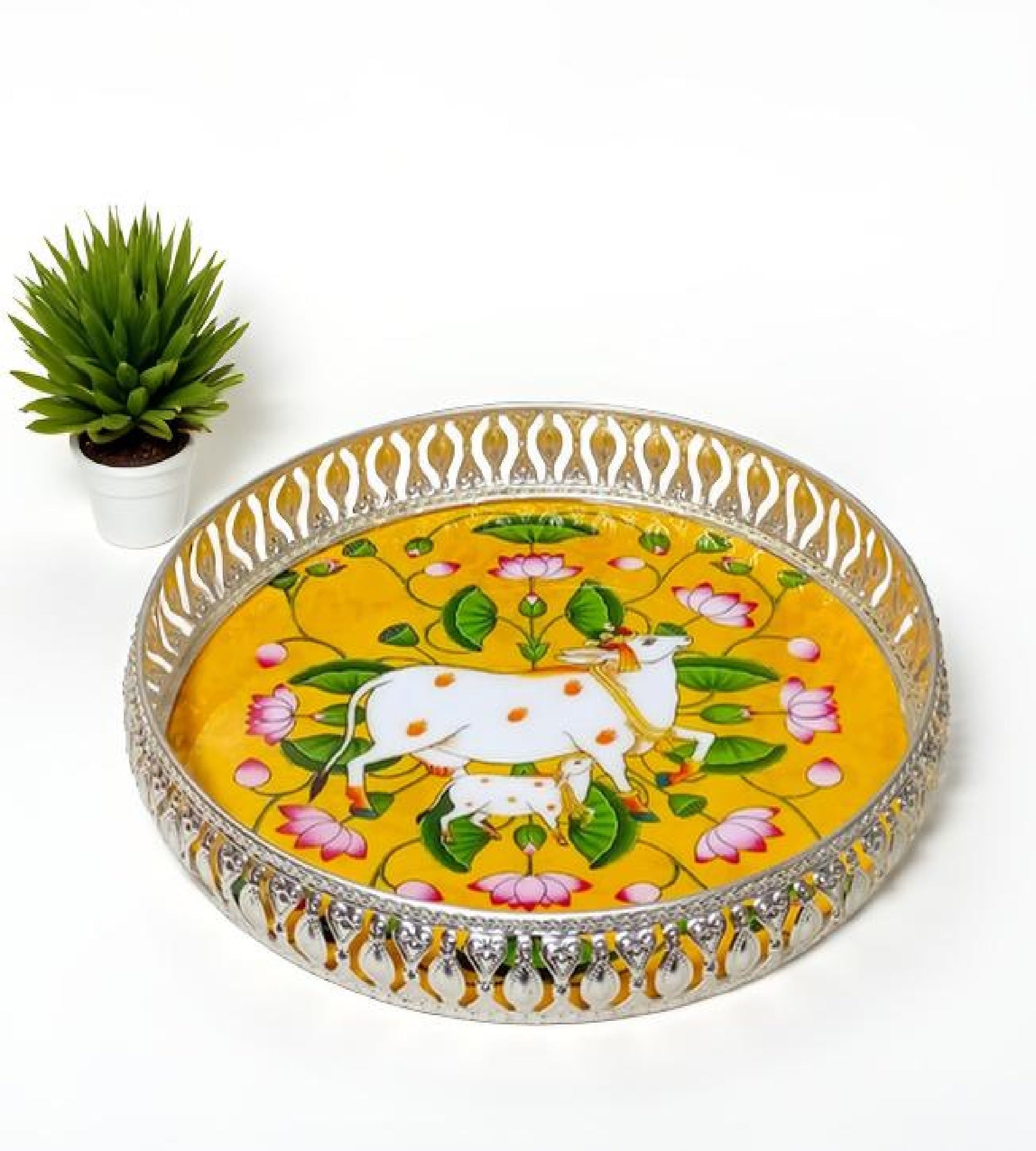 Sigaram 10 Inch Silver Plated Cow Wedding Tray For Home Pooja, Temple Use & Wedding Ceremony K4852