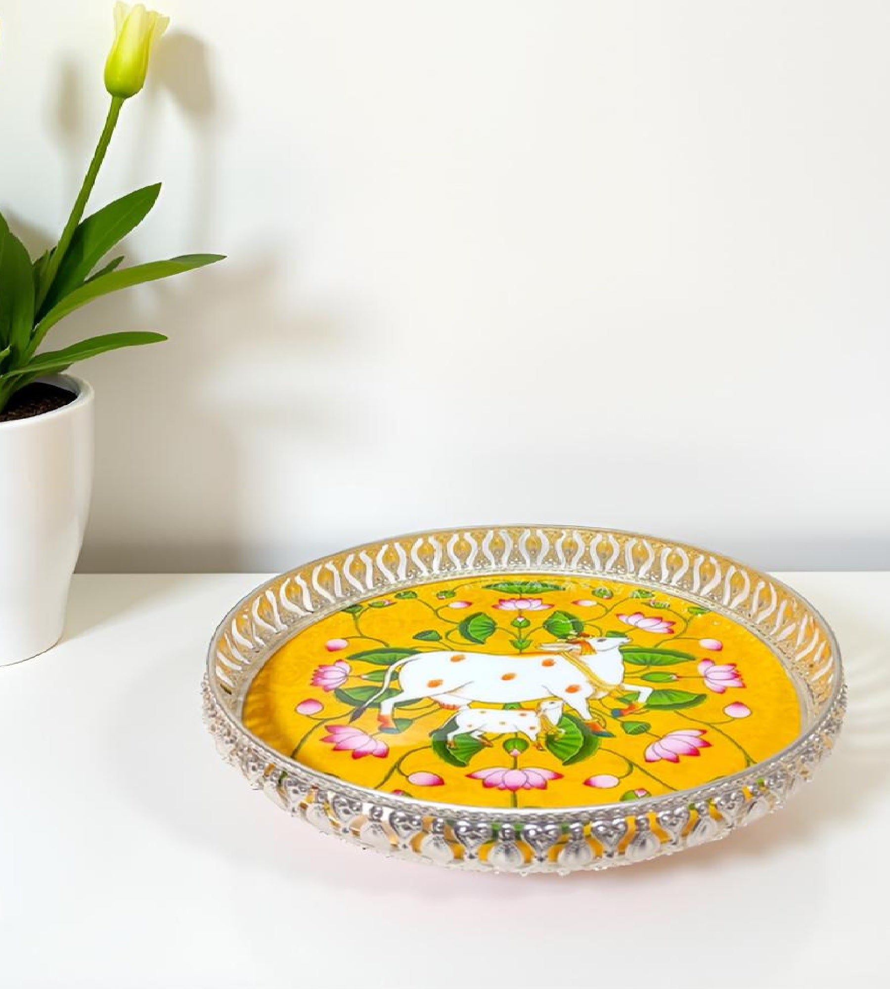 Sigaram 10 Inch Silver Plated Cow Wedding Tray For Home Pooja, Temple Use & Wedding Ceremony K4852