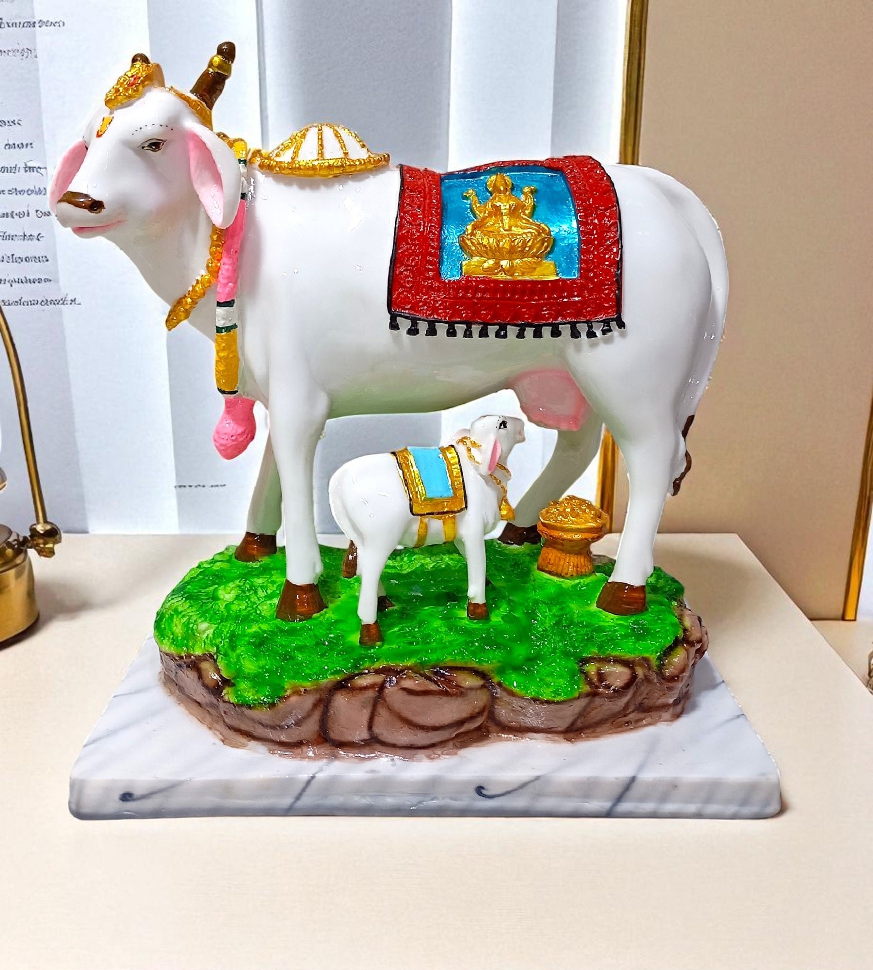 Sigaram 11 Inch Multi-Color Marble Lakshmi Kamadhenu Idol For Home & Office Decorative Showpiece K4863
