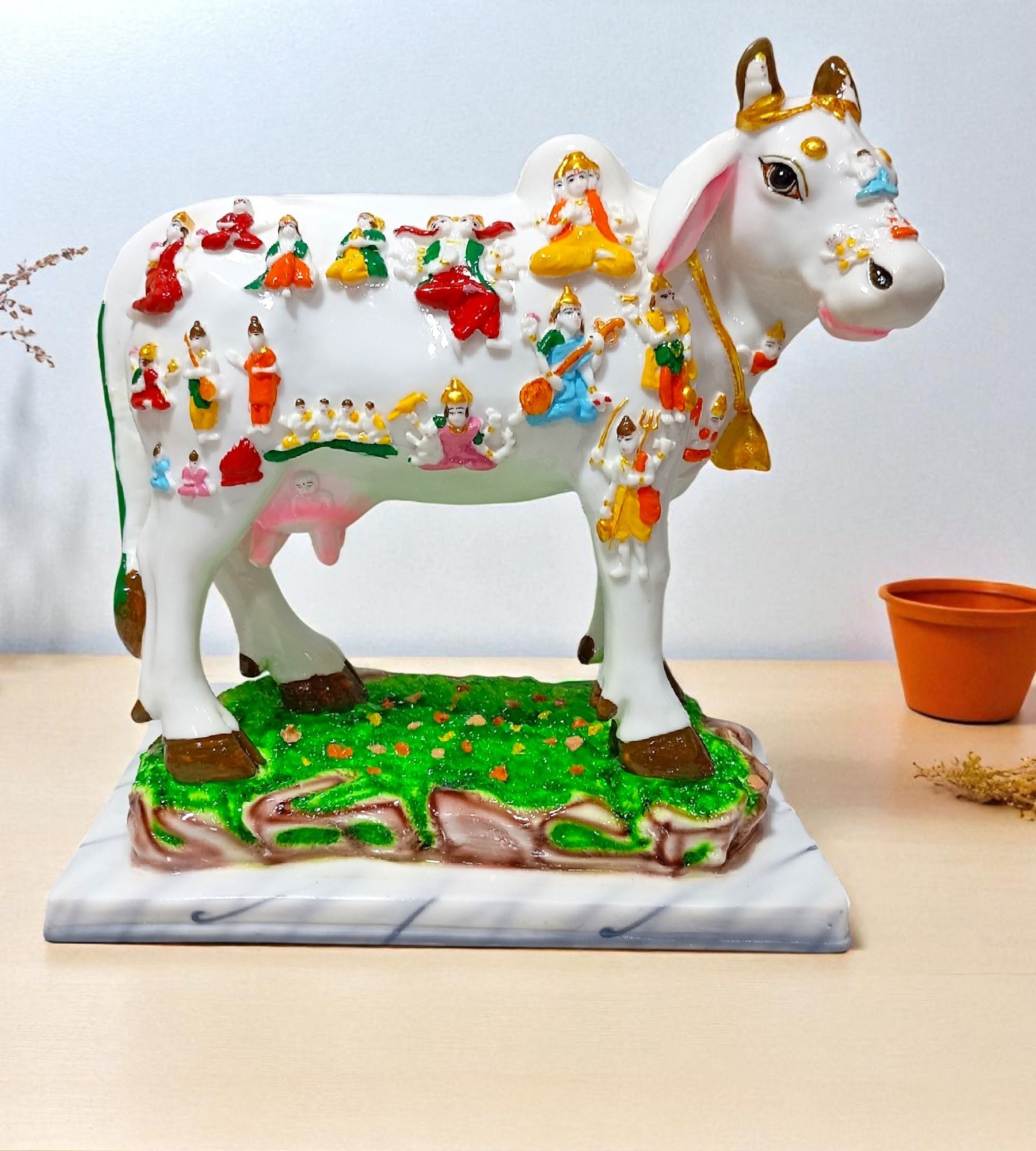 Sigaram 11 Inch Marble Kamadhenu Idol with Gods For Home, Office & Decorative Showpiece K4864