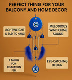 Sigaram 18 Inch Blue Evil Eye Chime Hanging with 2 Feather Tubes & 3 Bells for Balcony, Home & Room Decor K4890