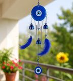 Sigaram 18 Inch Blue Evil Eye Chime Hanging with 2 Feather Tubes & 3 Bells for Balcony, Home & Room Decor K4890