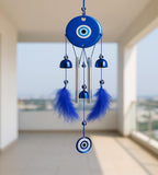 Sigaram 18 Inch Blue Evil Eye Chime Hanging with 2 Feather Tubes & 3 Bells for Balcony, Home & Room Decor K4890