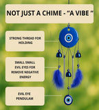 Sigaram 18 Inch Blue Evil Eye Chime Hanging with 2 Feather Tubes & 3 Bells for Balcony, Home & Room Decor K4890
