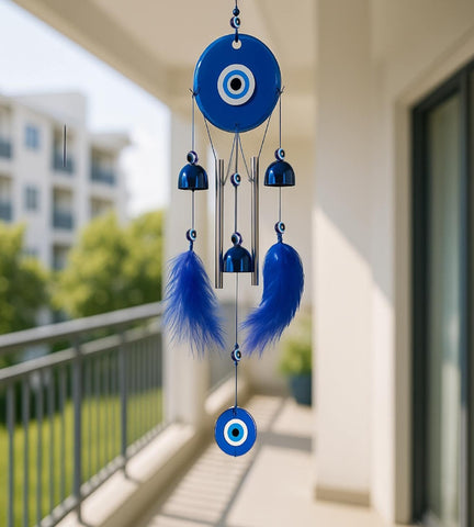 Sigaram 18 Inch Blue Evil Eye Chime Hanging with 2 Feather Tubes & 3 Bells for Balcony, Home & Room Decor K4890