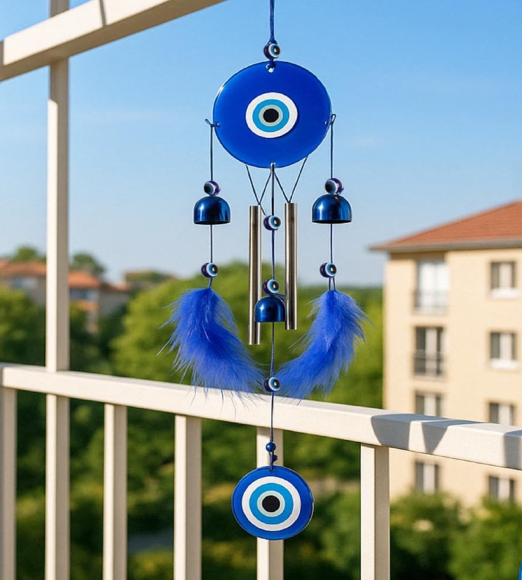 Sigaram 18 Inch Blue Evil Eye Chime Hanging with 2 Feather Tubes & 3 Bells for Balcony, Home & Room Decor K4890